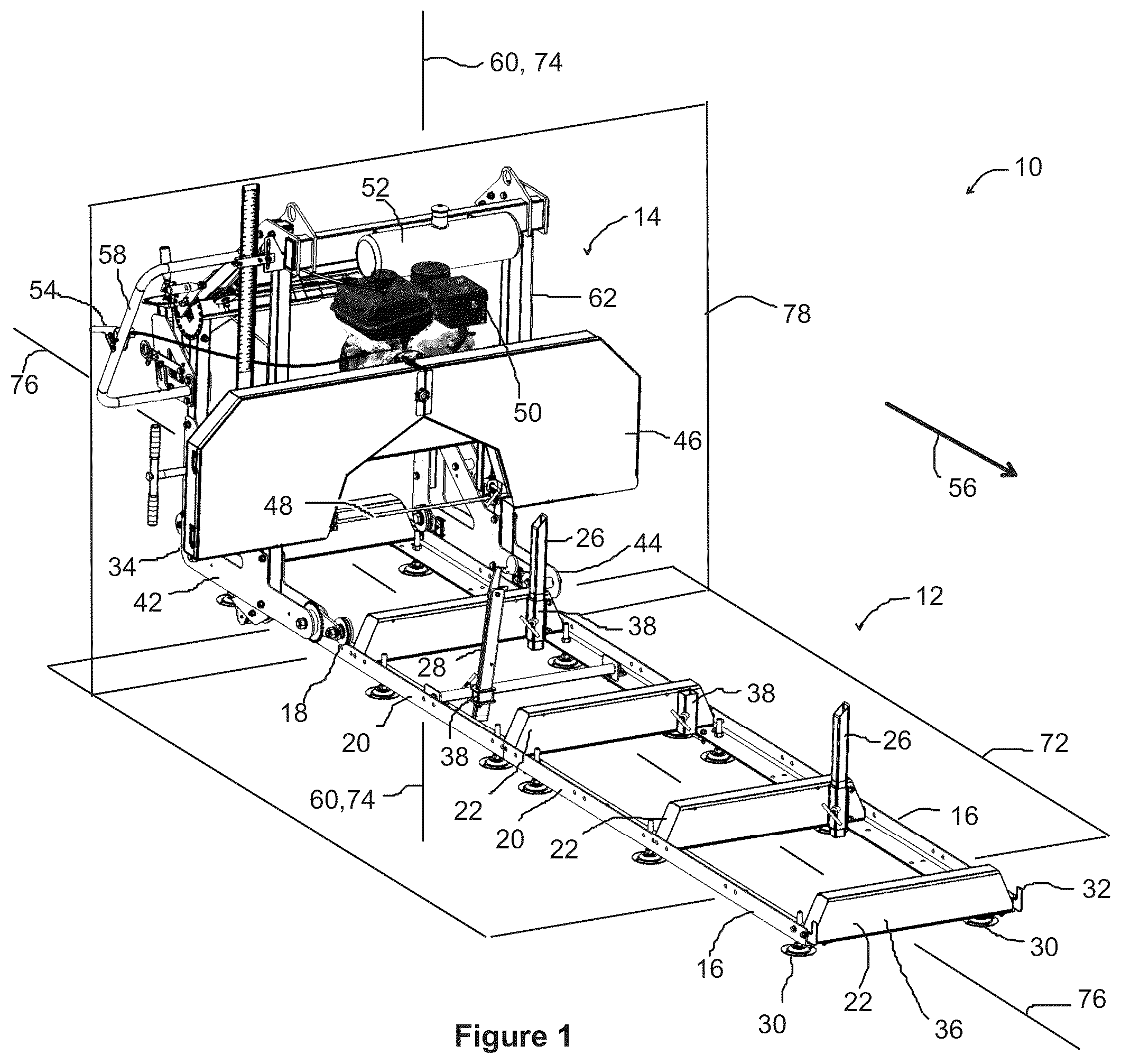 Patent US12318959 Figure 1 – Tiltable carriage assembly and sawmill incorporating same