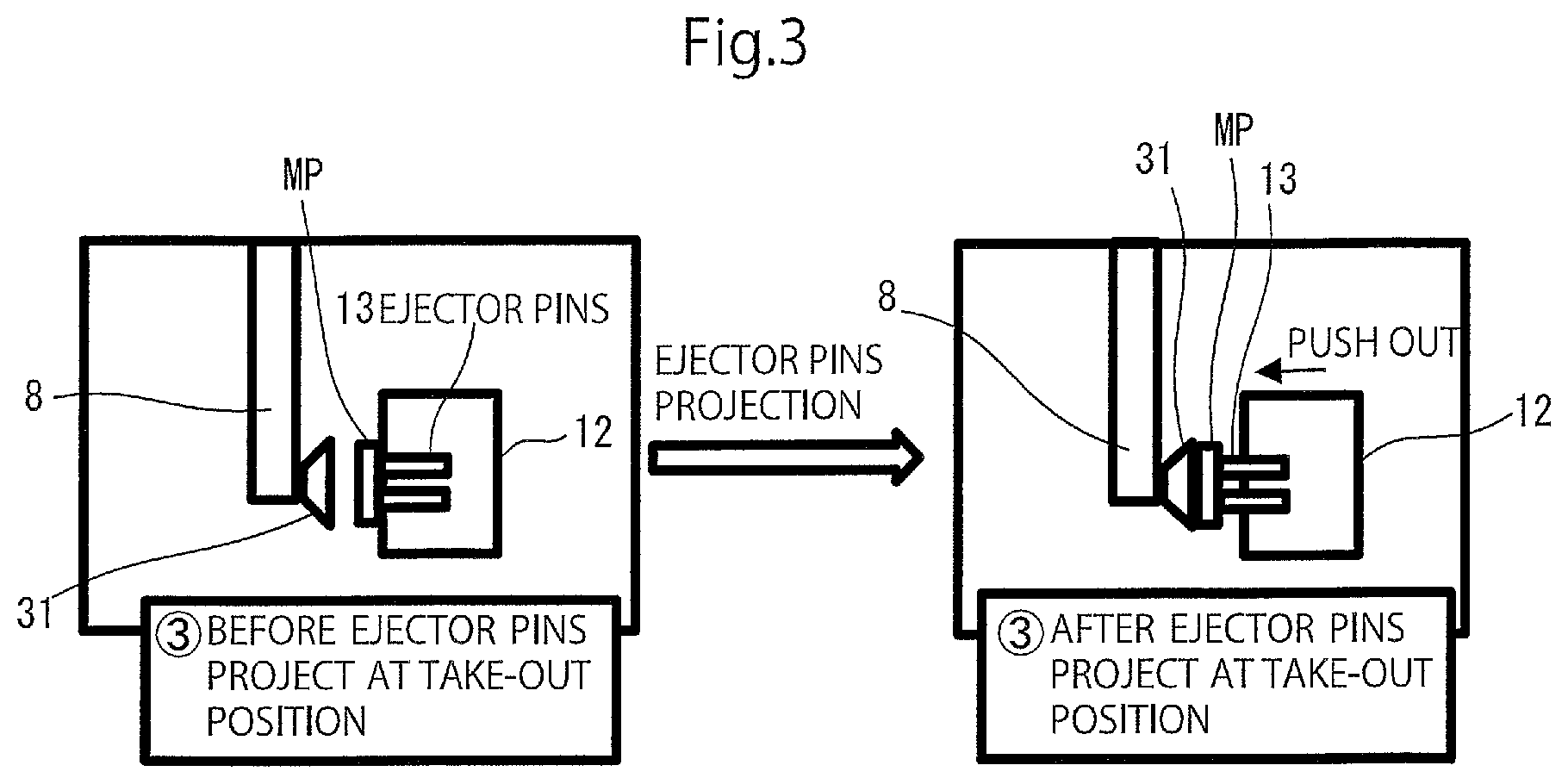 Patent US12318968 Figure 3 – Apparatus for taking out molded product using vacuum sucker with controller that determines sucking operation start time based on a stable time interval