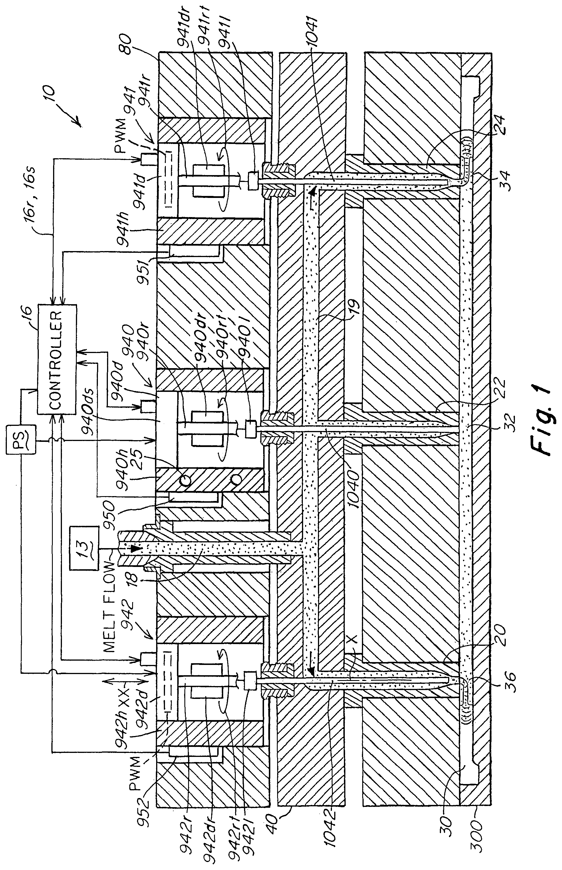 Patent US12318983 Figure 1 – Injection molding apparatus with cooled integrated actuator electronic drive