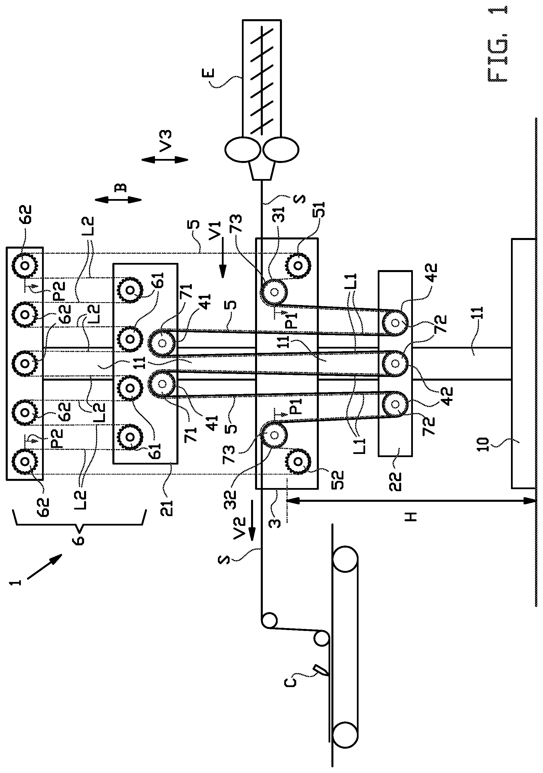 Patent US12318986 Figure 1 – Festooner and method for buffering a strip