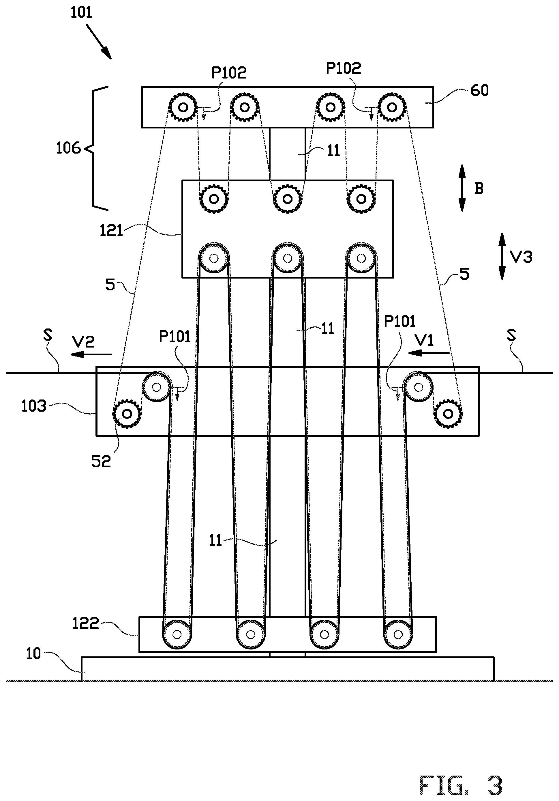Patent US12318986 Figure 4 – Festooner and method for buffering a strip