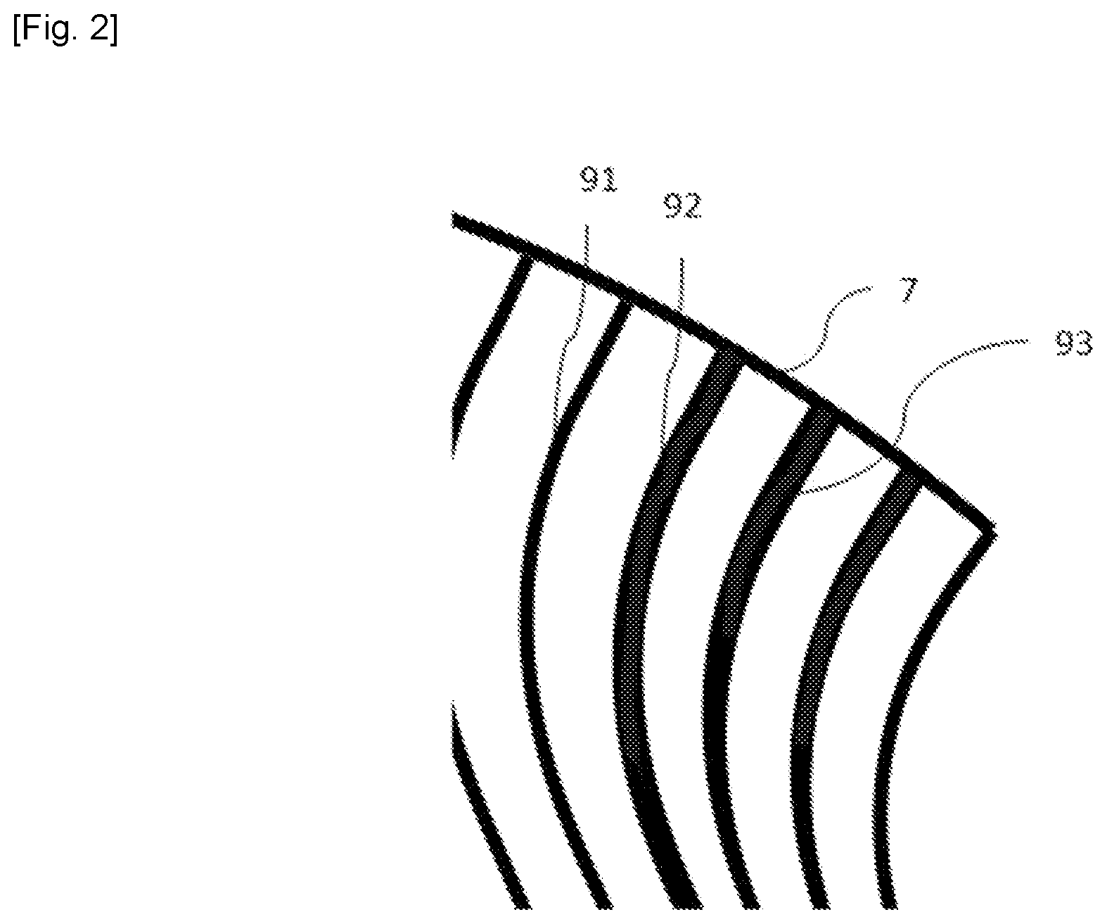 Patent US12319029 Figure 2 – Laminated glazing comprising a transparent substrate with a heating layer having flow lines which altogether are of variable width