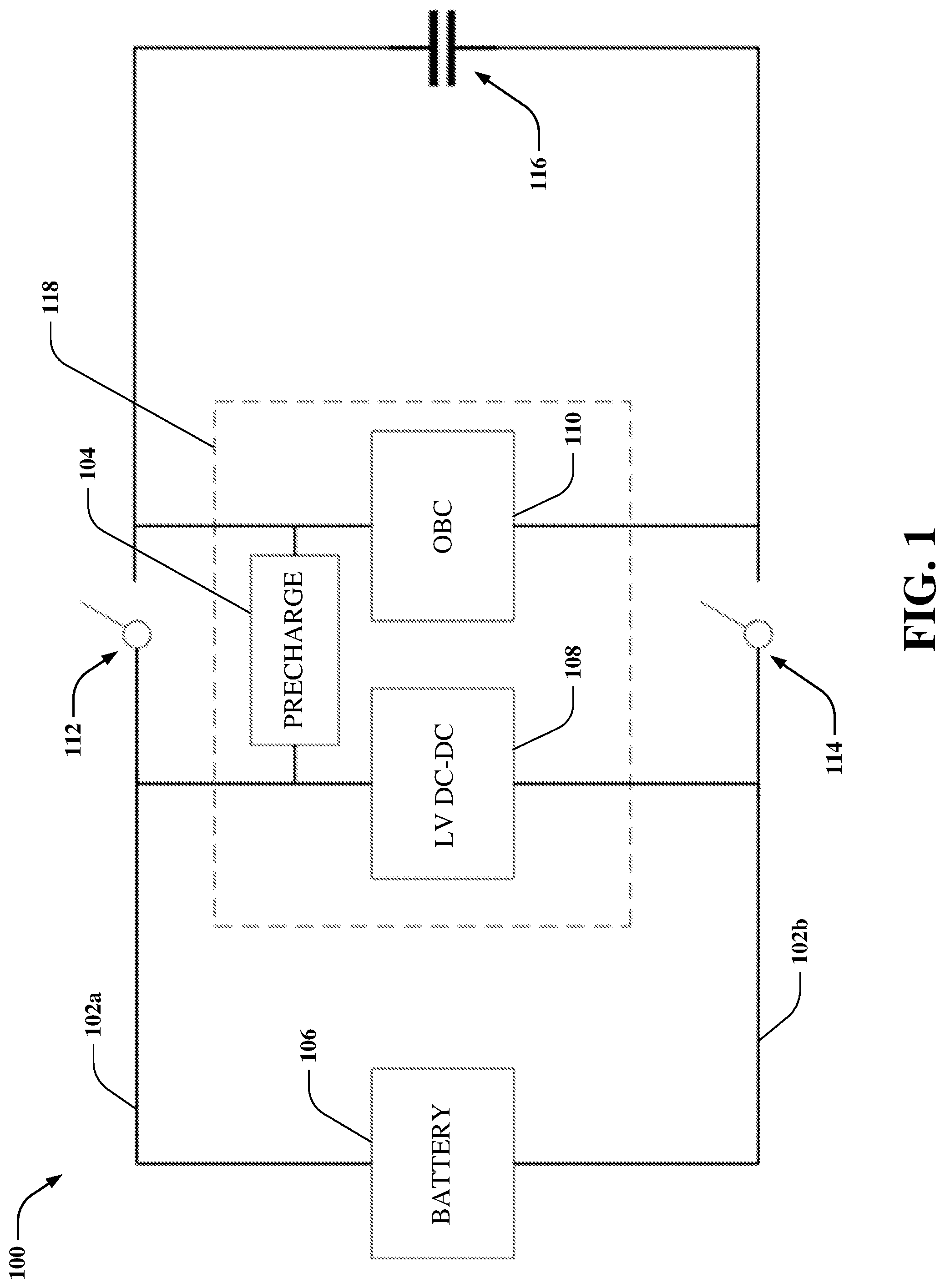 Patent US12319162 Figure 1 – Pre-charging using an on-board charger and electric-vehicle high-voltage architecture