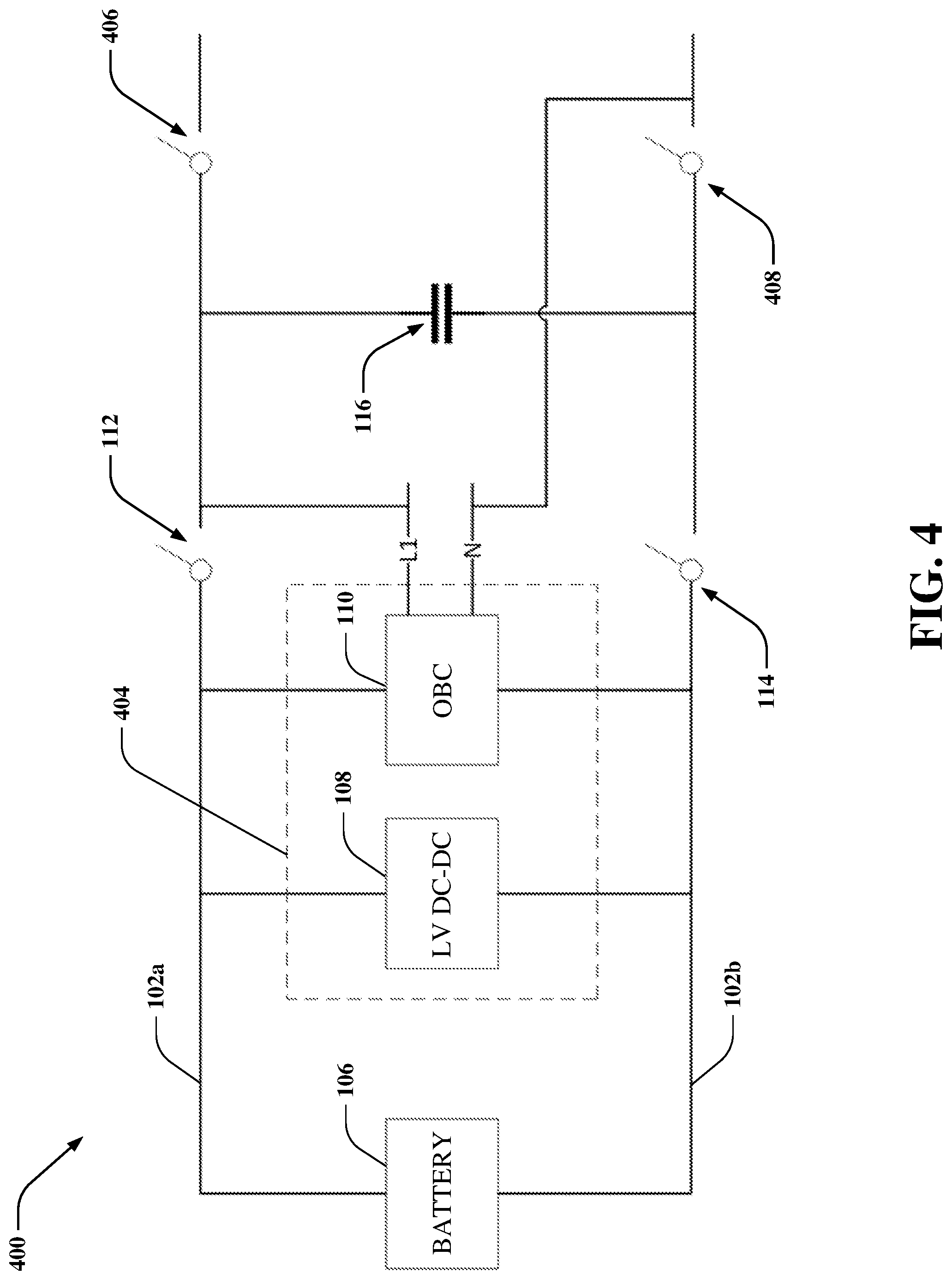 Patent US12319162 Figure 4 – Pre-charging using an on-board charger and electric-vehicle high-voltage architecture