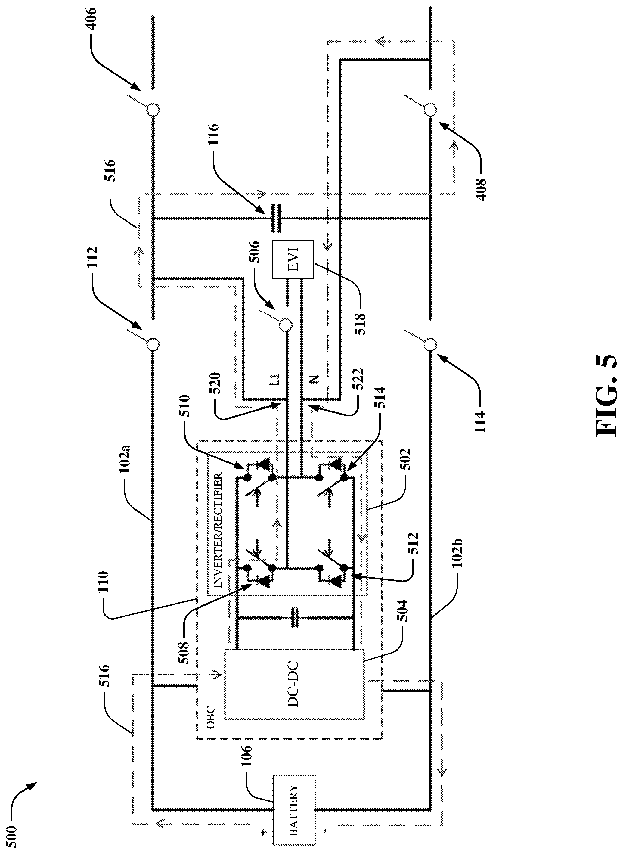 Patent US12319162 Figure 5 – Pre-charging using an on-board charger and electric-vehicle high-voltage architecture