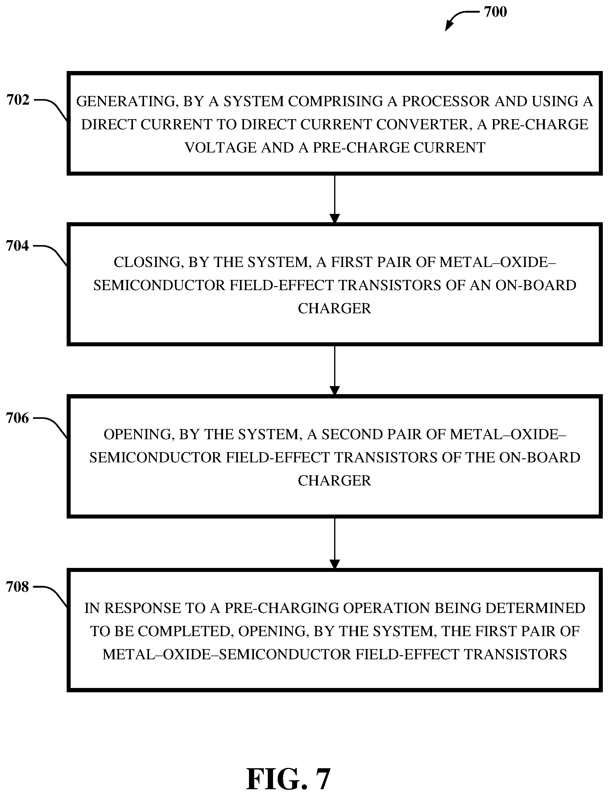 Patent US12319162 Figure 7 – Pre-charging using an on-board charger and electric-vehicle high-voltage architecture