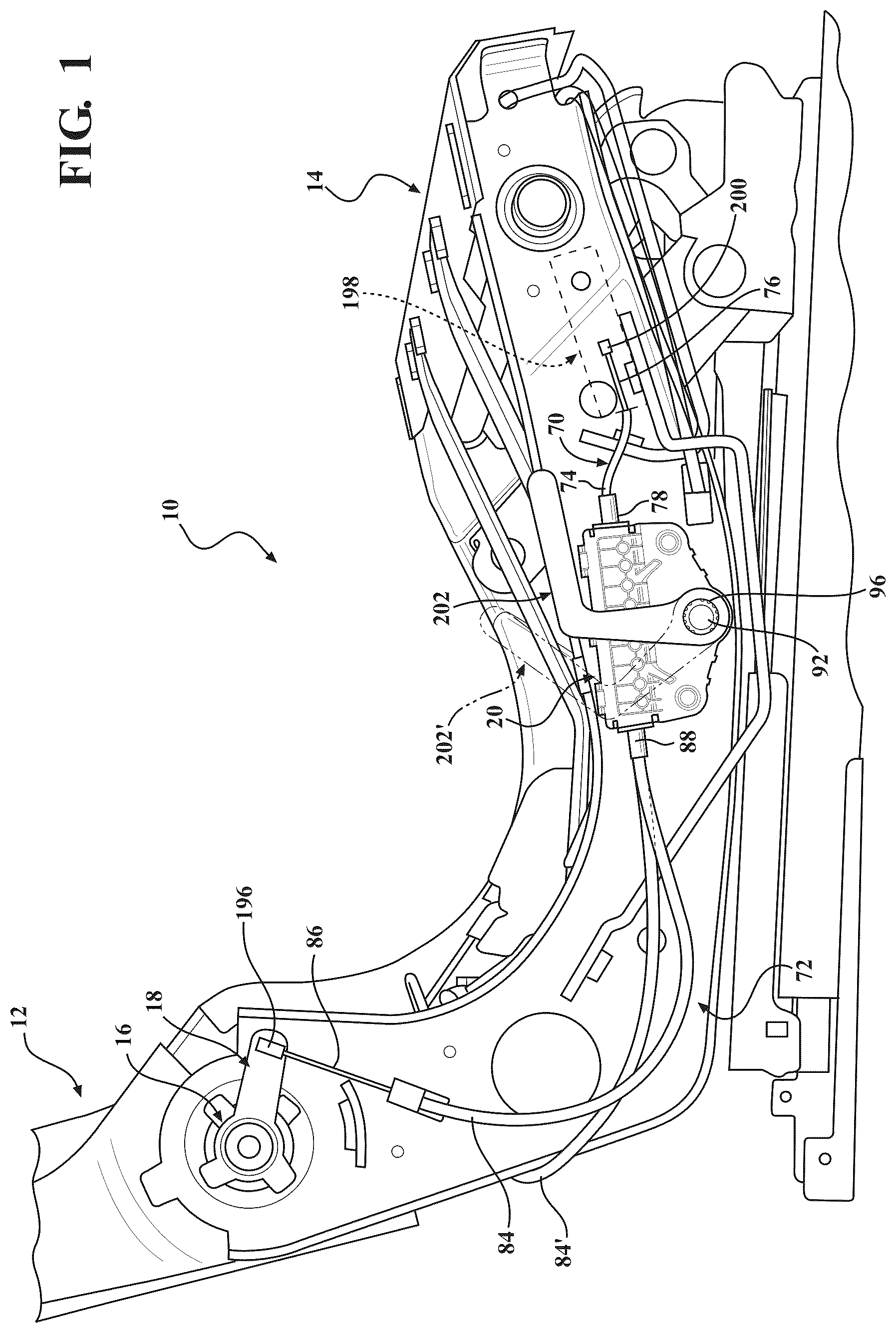 Patent US12319187 Figure 1 – Remote handle assembly with modular pulley arrangement