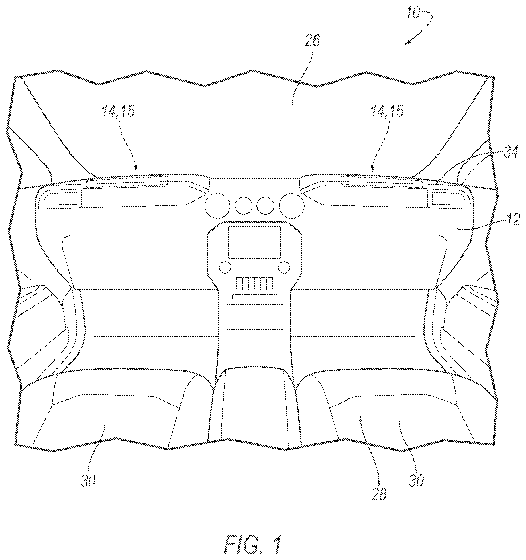 Patent US12319222 Figure 1 – Airbag assembly including deployable panel