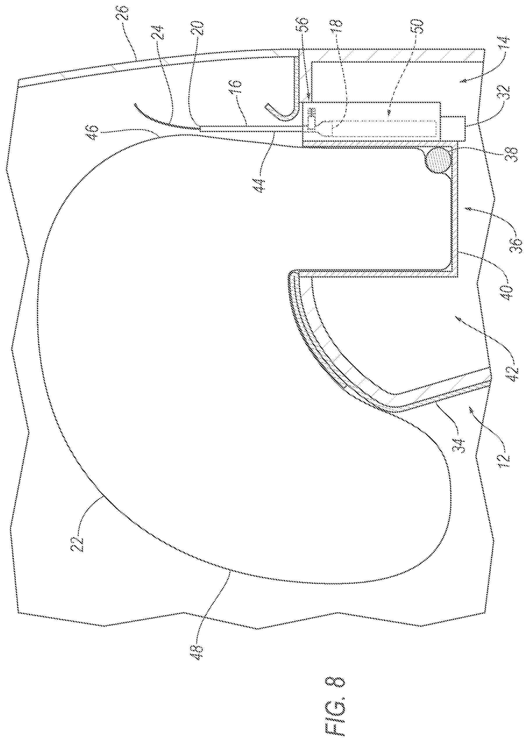 Patent US12319222 Figure 8 – Airbag assembly including deployable panel