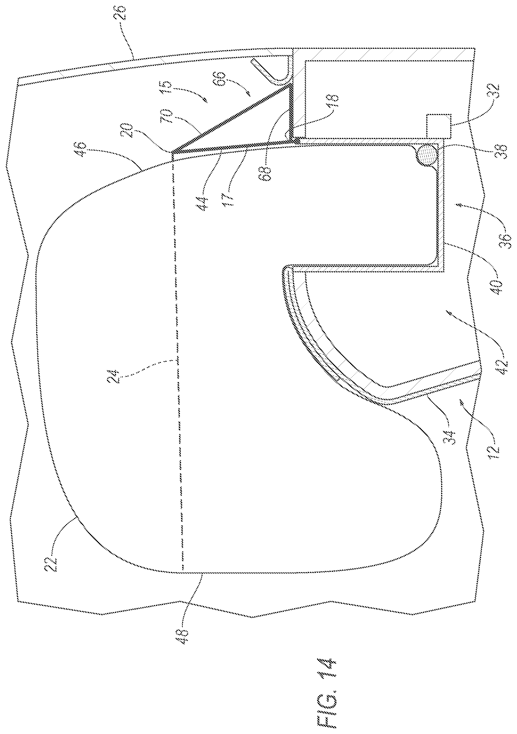 Patent US12319222 Figure 14 – Airbag assembly including deployable panel