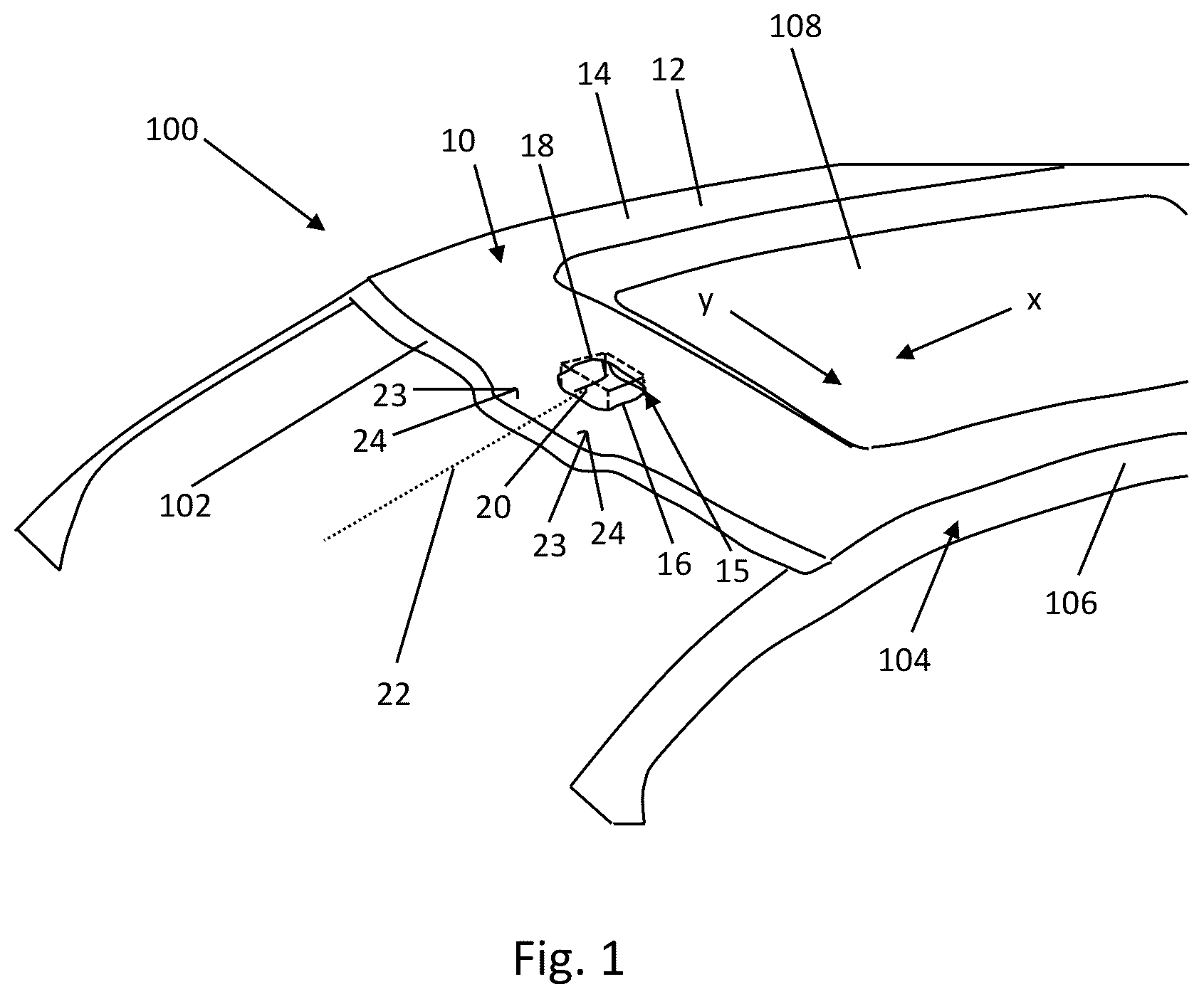 Patent US12319245 — Roof module for forming a vehicle roof comprising a cleaning device and method for cleaning a see-through area — Figure 1