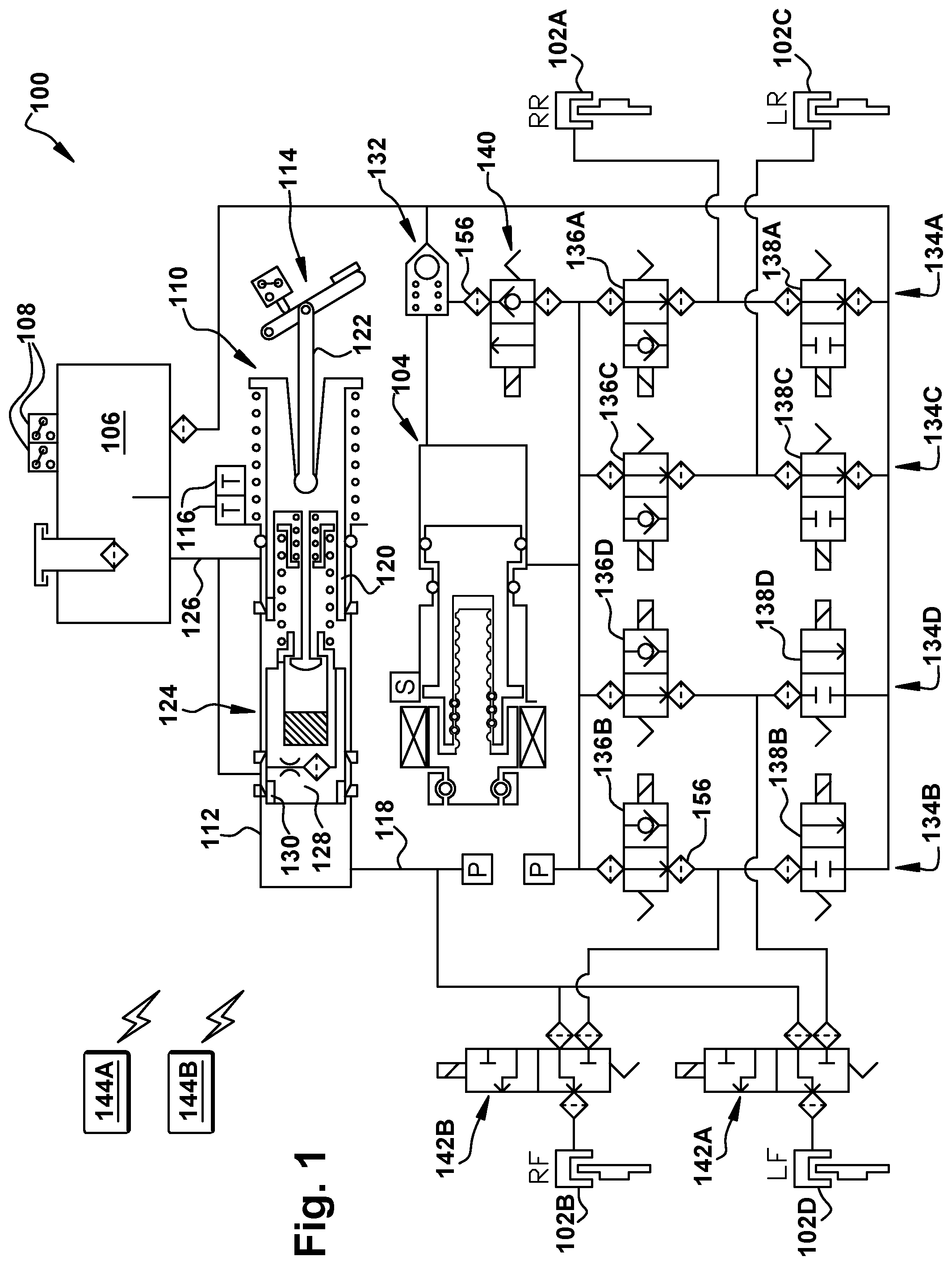 Patent US12319262 Figure 1 – Brake system with front brake source selection