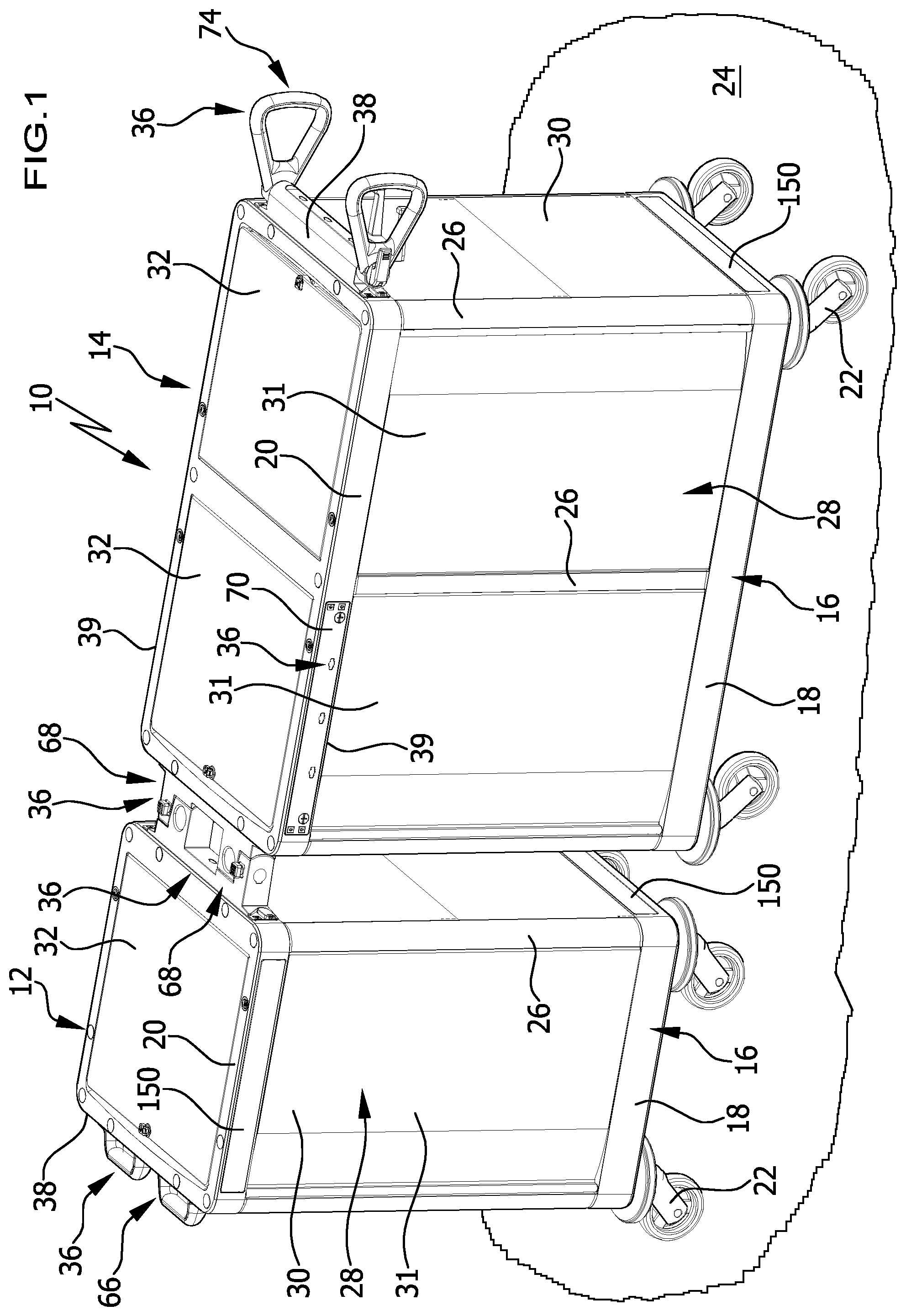 Patent US12319332 Figure 1 – Cleaning system comprising at least one hand-guided cleaning cart and two or more functional devices