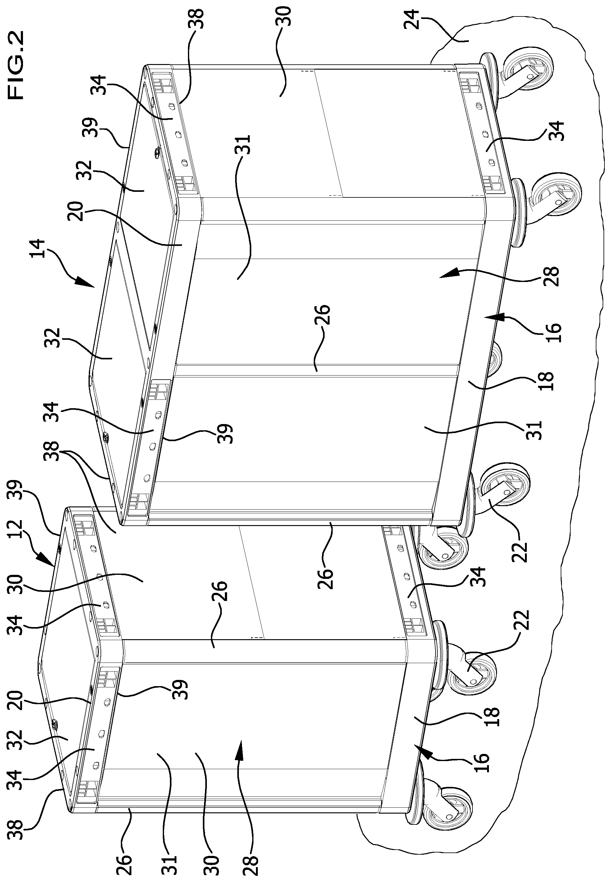 Patent US12319332 Figure 2 – Cleaning system comprising at least one hand-guided cleaning cart and two or more functional devices