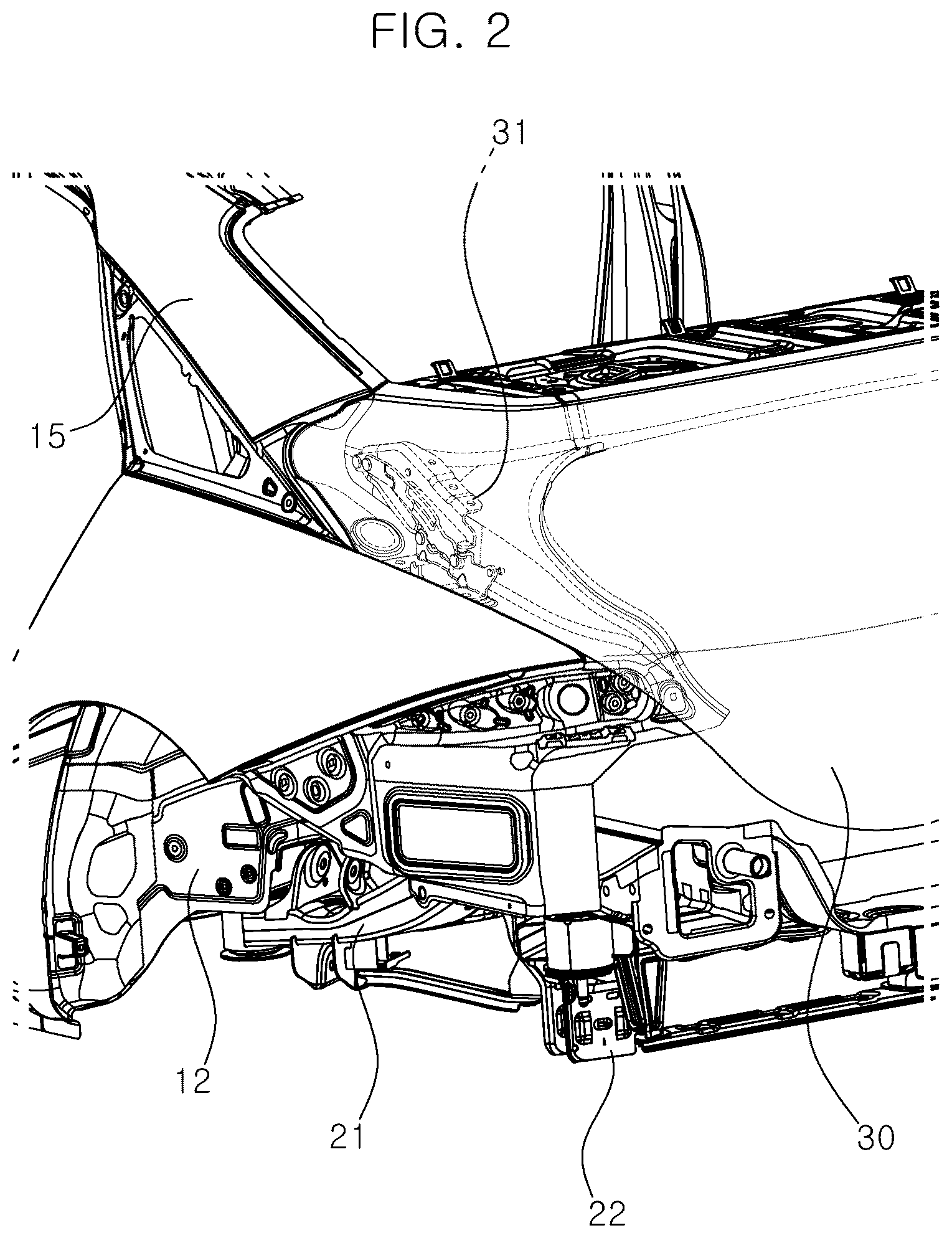 Patent US12319351 Figure 2 – Vehicle body structure with a reinforced trunk hinge mounting part