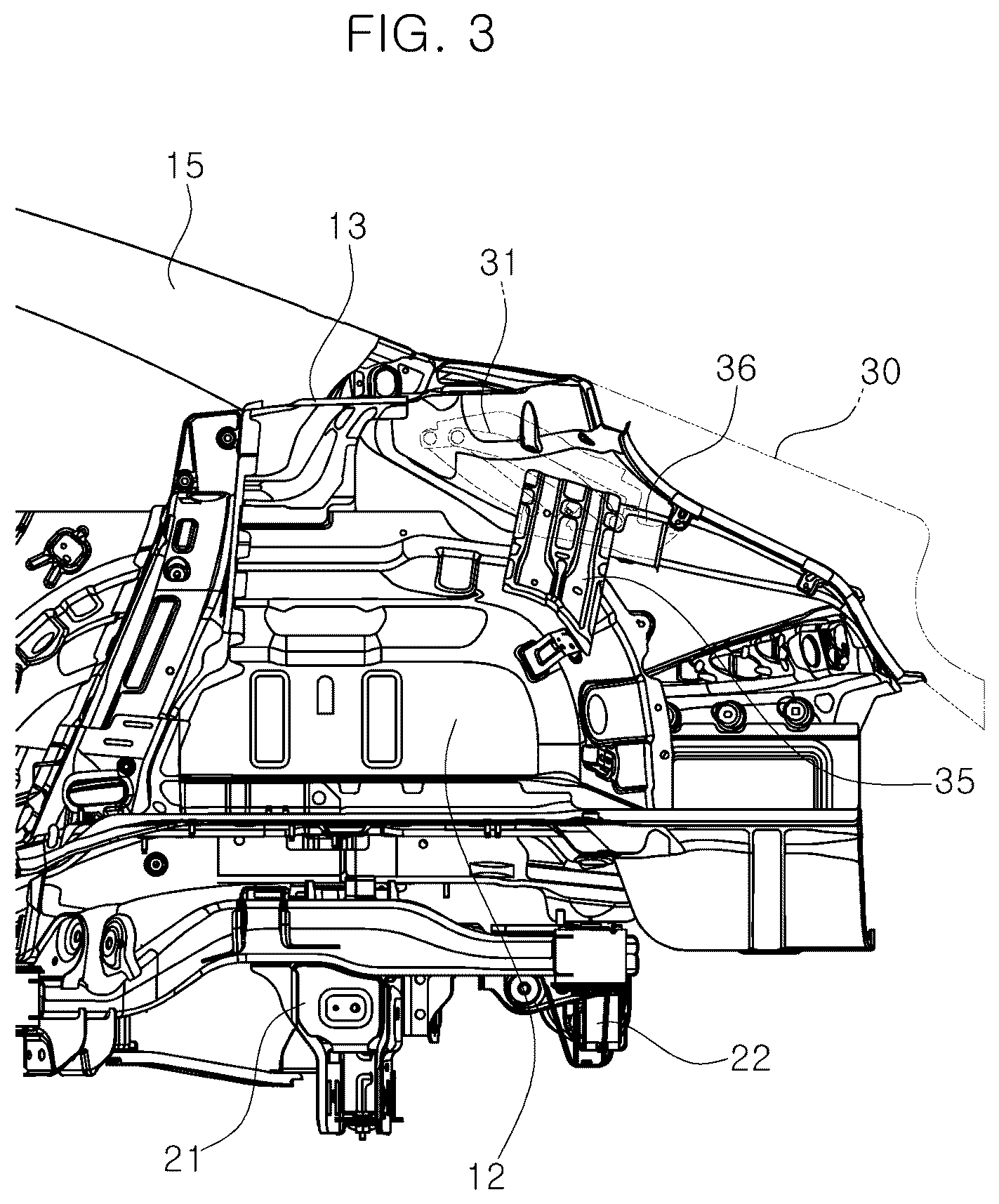 Patent US12319351 Figure 3 – Vehicle body structure with a reinforced trunk hinge mounting part