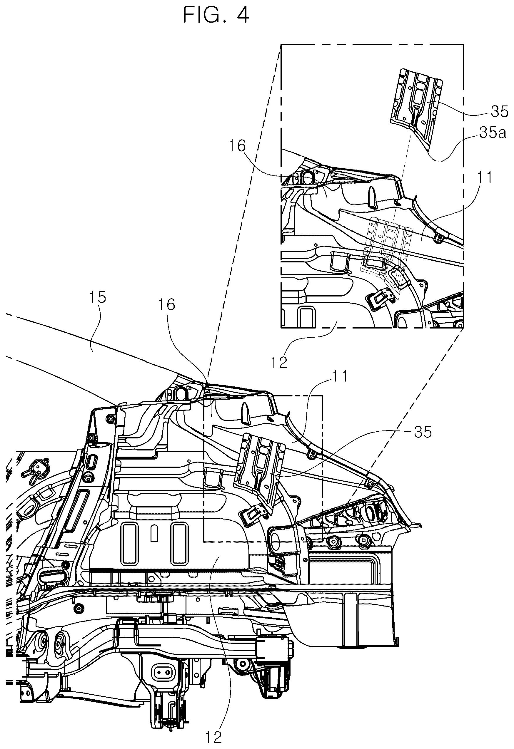 Patent US12319351 Figure 4 – Vehicle body structure with a reinforced trunk hinge mounting part