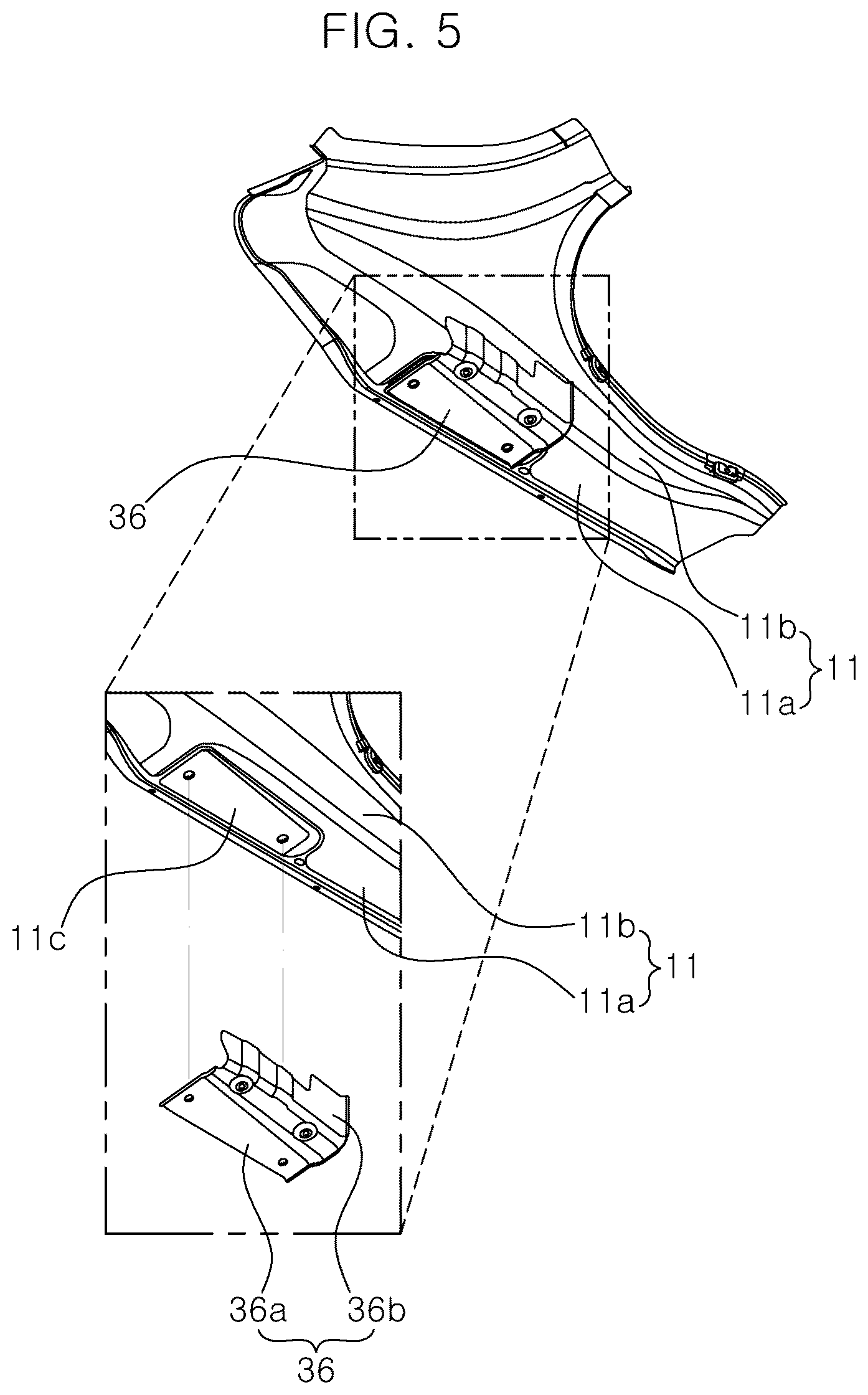 Patent US12319351 Figure 5 – Vehicle body structure with a reinforced trunk hinge mounting part