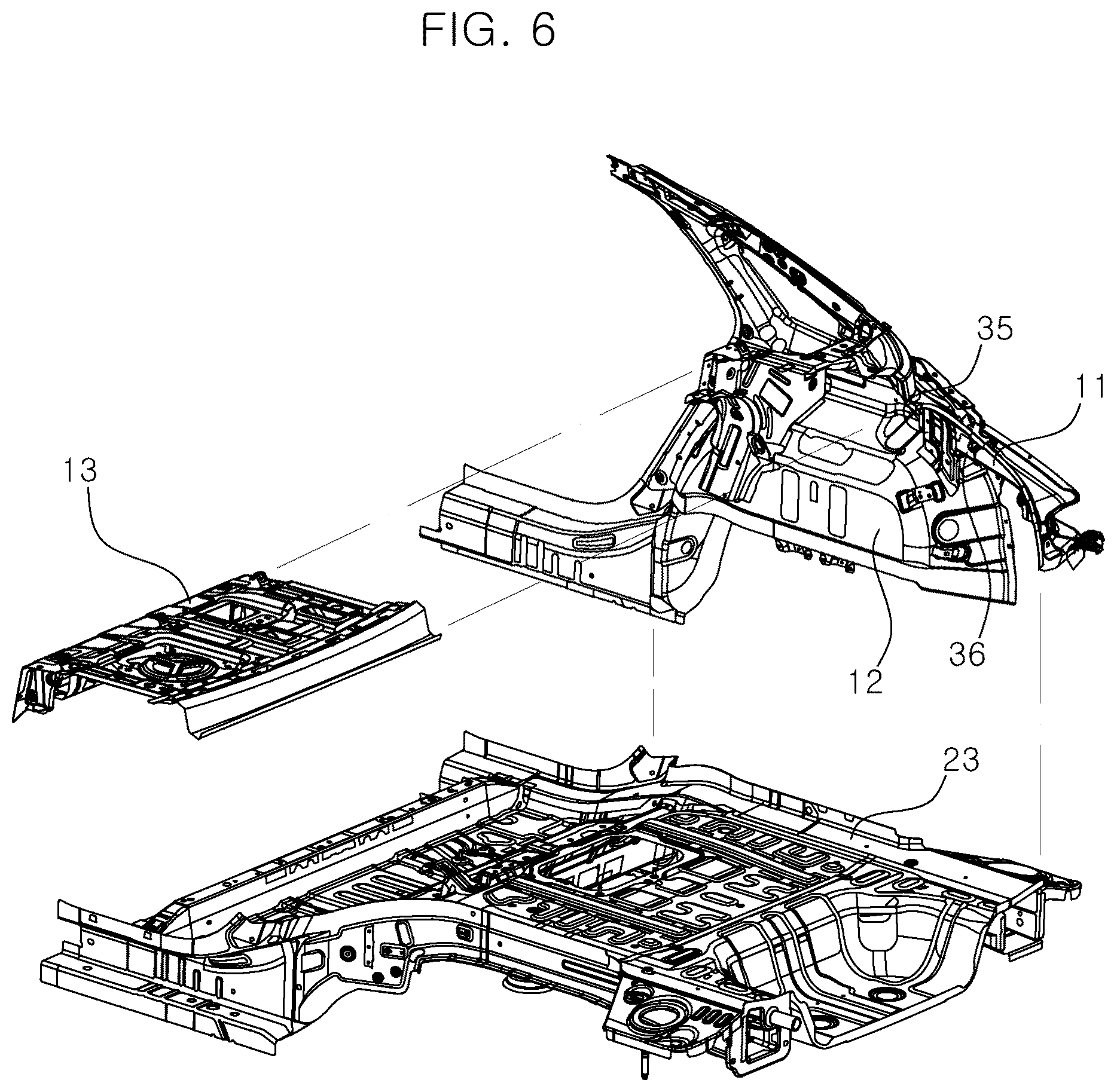 Patent US12319351 Figure 6 – Vehicle body structure with a reinforced trunk hinge mounting part