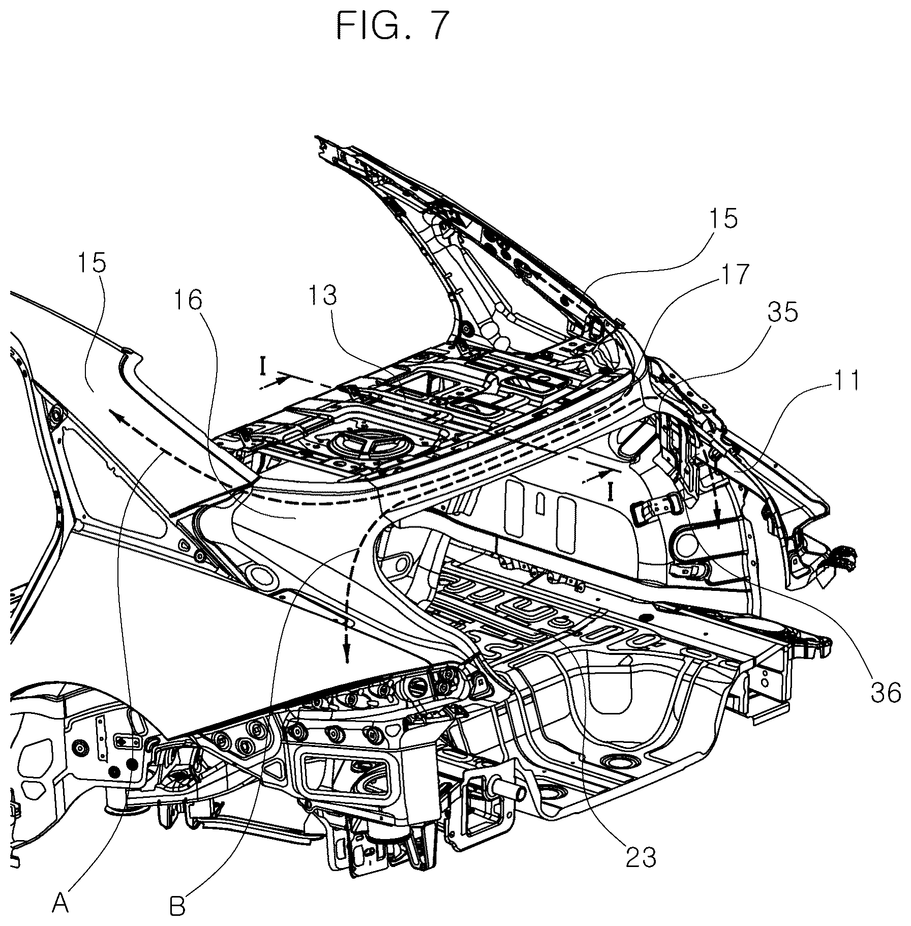 Patent US12319351 Figure 7 – Vehicle body structure with a reinforced trunk hinge mounting part