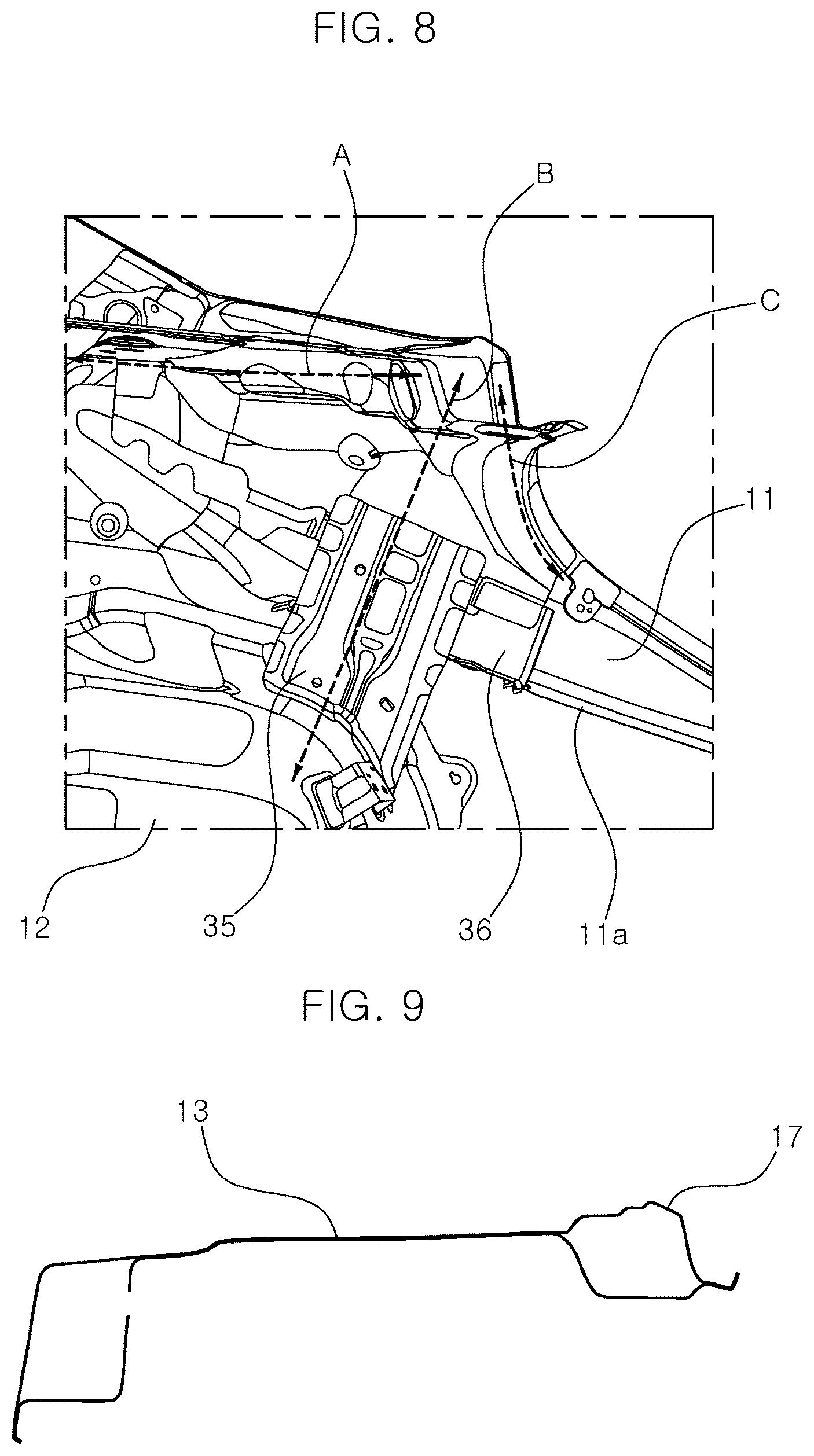 Patent US12319351 Figure 8 – Vehicle body structure with a reinforced trunk hinge mounting part