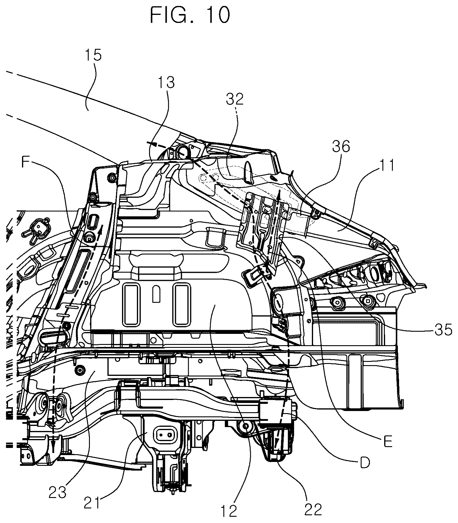 Patent US12319351 Figure 9 – Vehicle body structure with a reinforced trunk hinge mounting part
