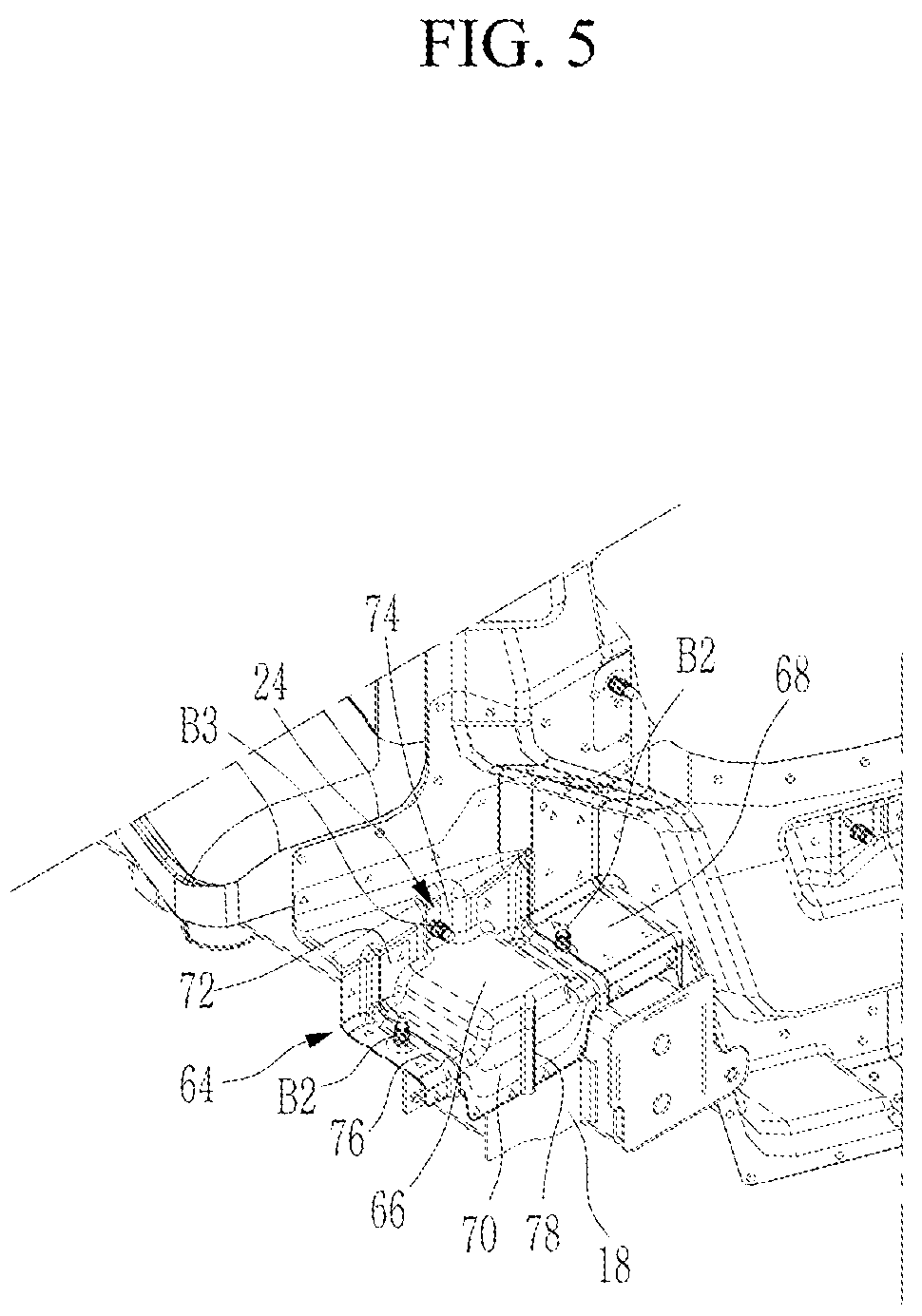 Patent US12319352 Figure 5 – Vehicle body rear connection structure
