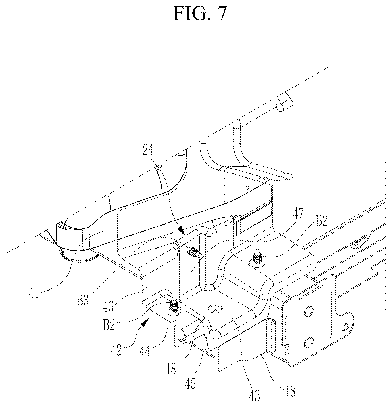 Patent US12319352 Figure 7 – Vehicle body rear connection structure