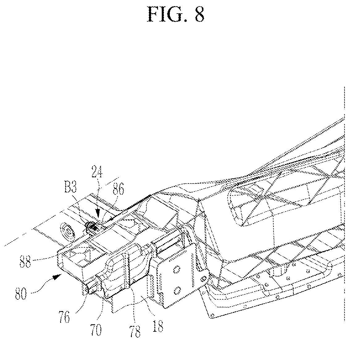 Patent US12319352 Figure 8 – Vehicle body rear connection structure