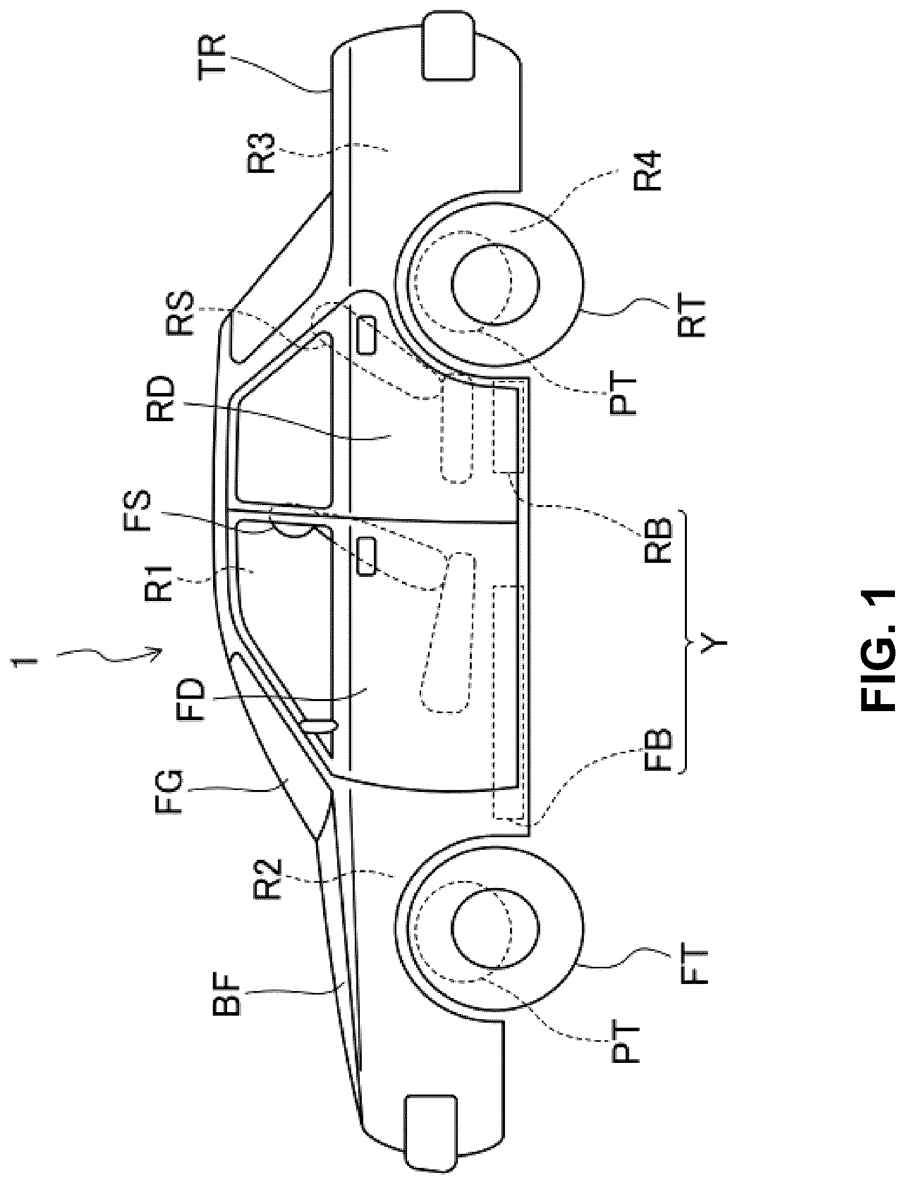 Patent US12319356 Figure 1 – Electric-vehicle-body structure having a center frame that is higher than a floor panel