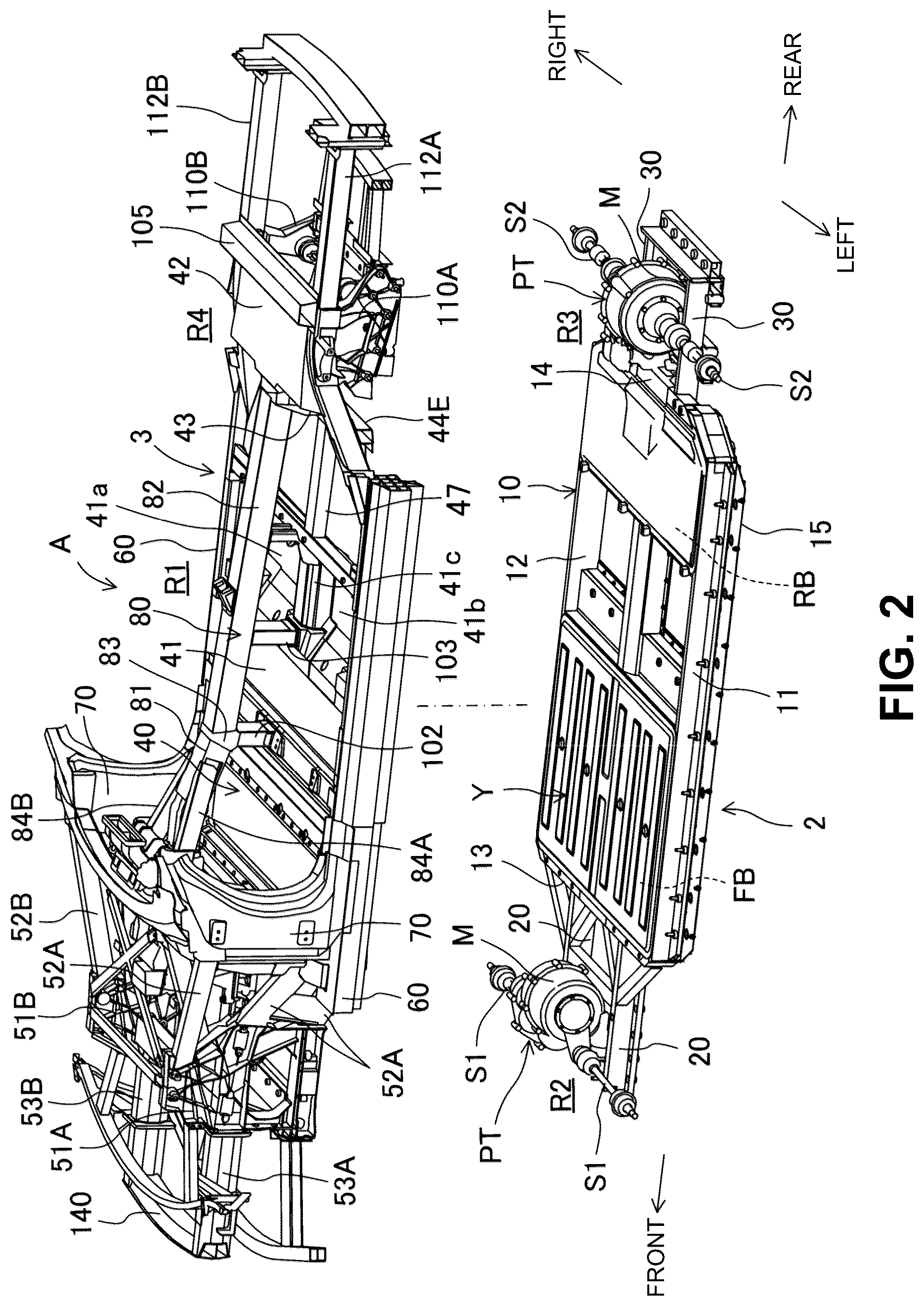 Patent US12319356 Figure 2 – Electric-vehicle-body structure having a center frame that is higher than a floor panel