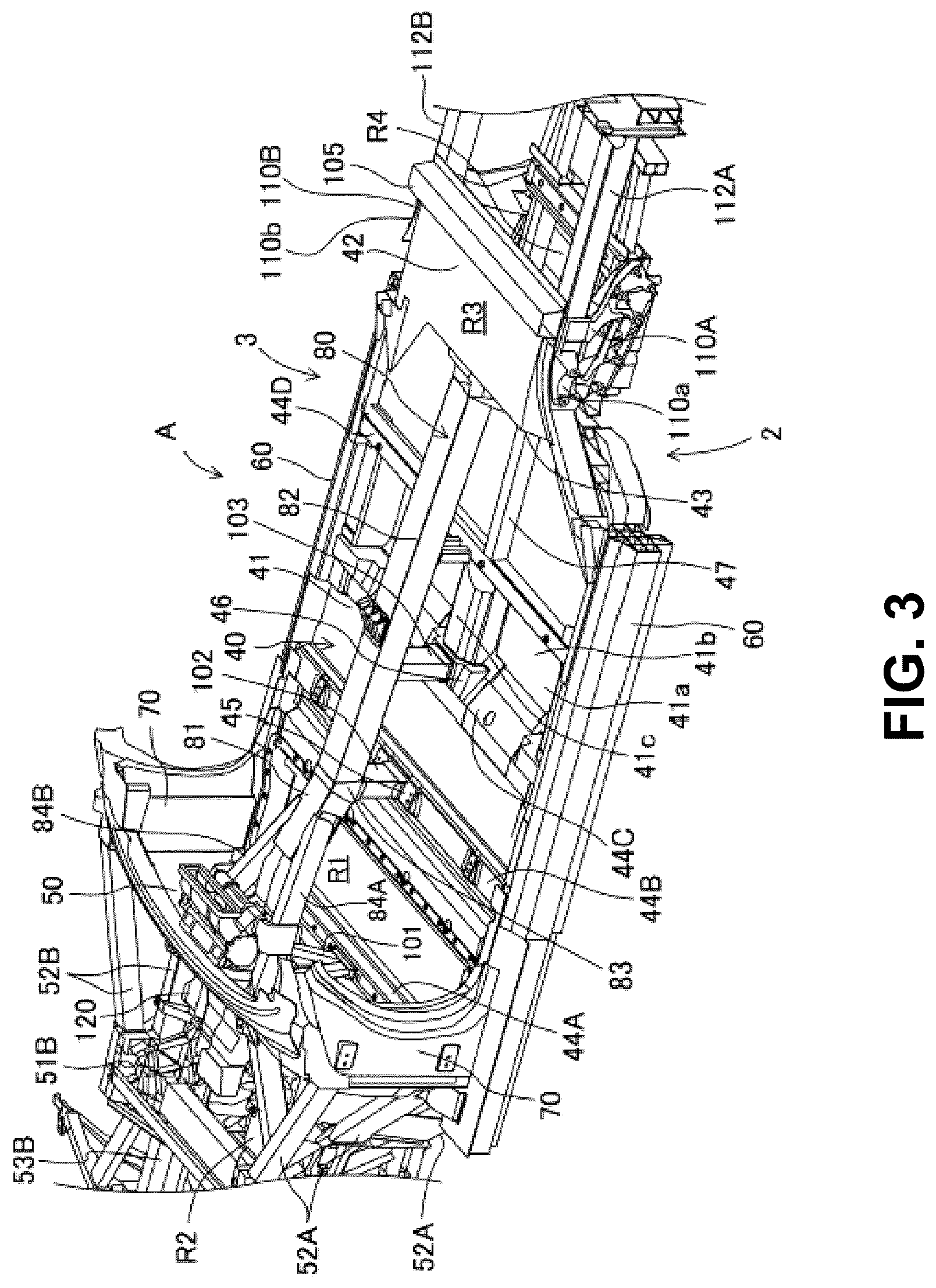 Patent US12319356 Figure 3 – Electric-vehicle-body structure having a center frame that is higher than a floor panel