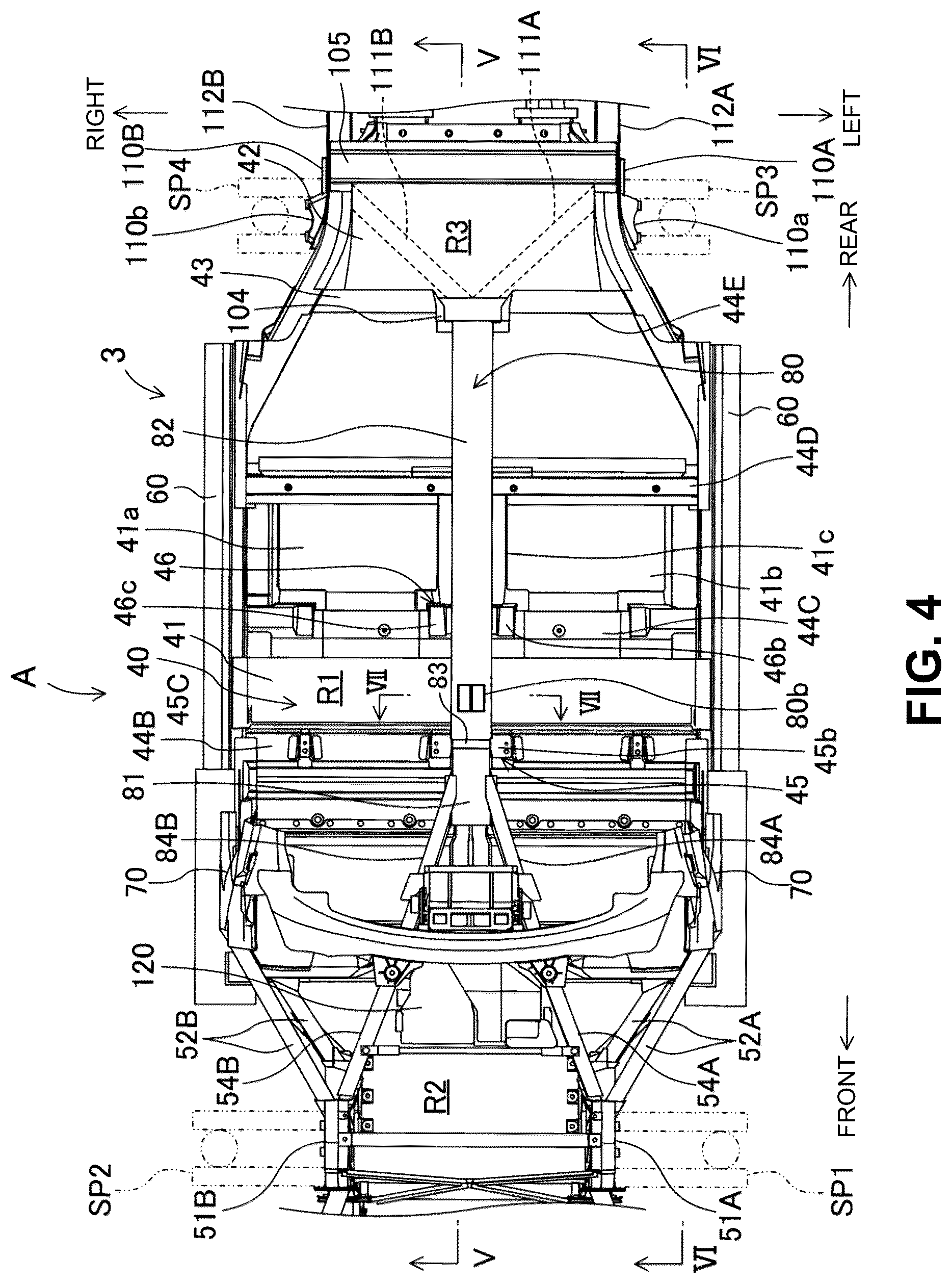 Patent US12319356 Figure 4 – Electric-vehicle-body structure having a center frame that is higher than a floor panel