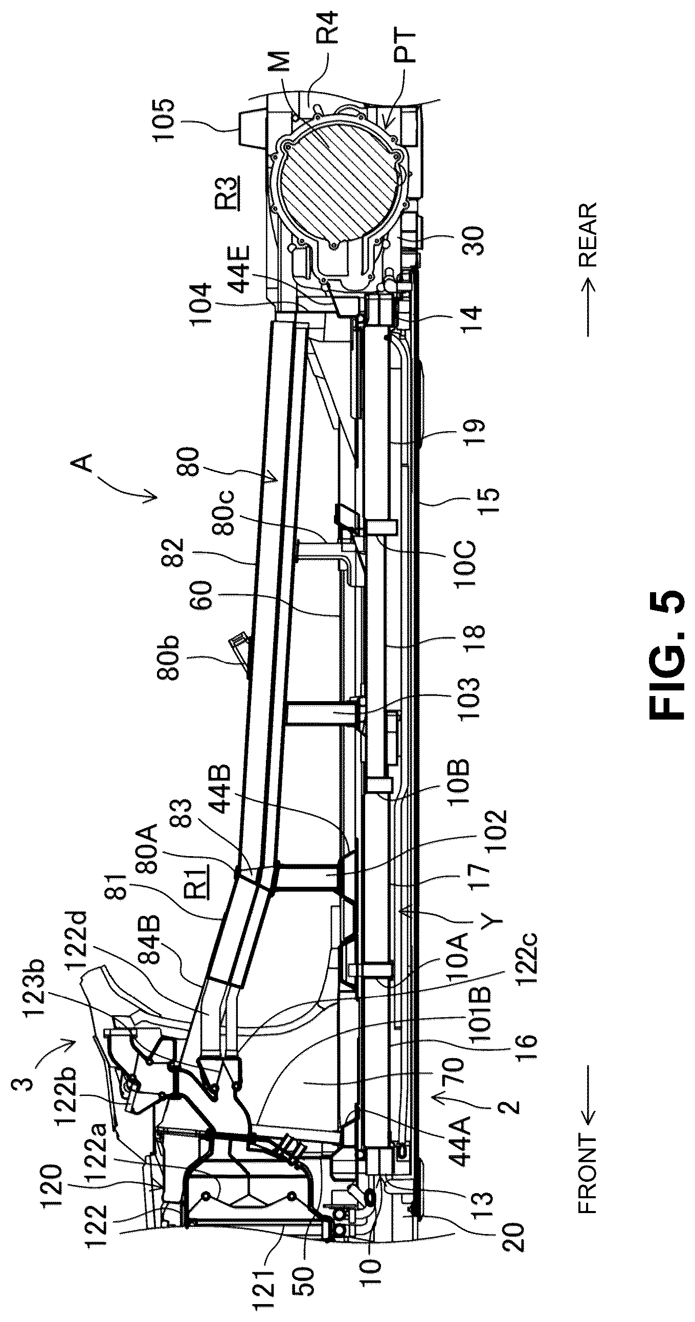 Patent US12319356 Figure 5 – Electric-vehicle-body structure having a center frame that is higher than a floor panel