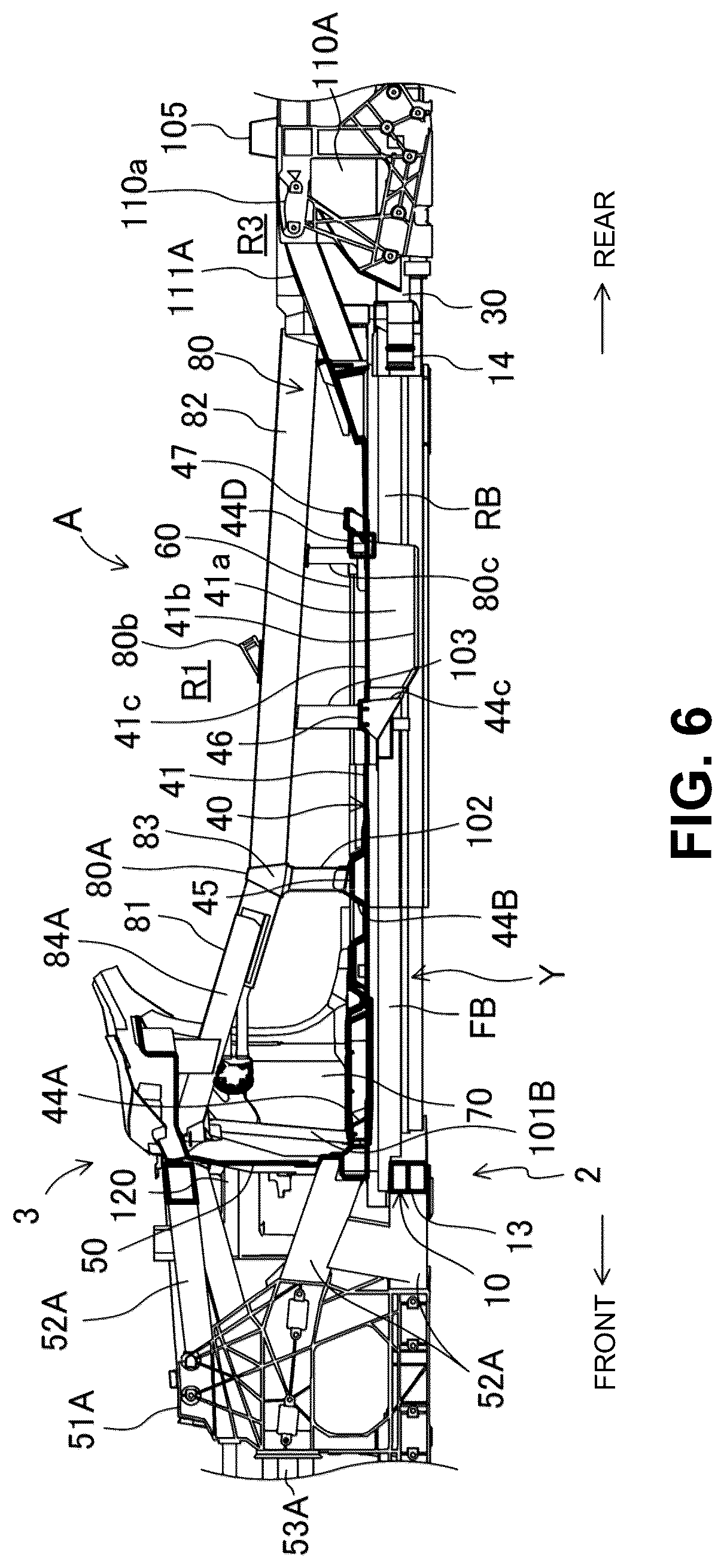 Patent US12319356 Figure 6 – Electric-vehicle-body structure having a center frame that is higher than a floor panel