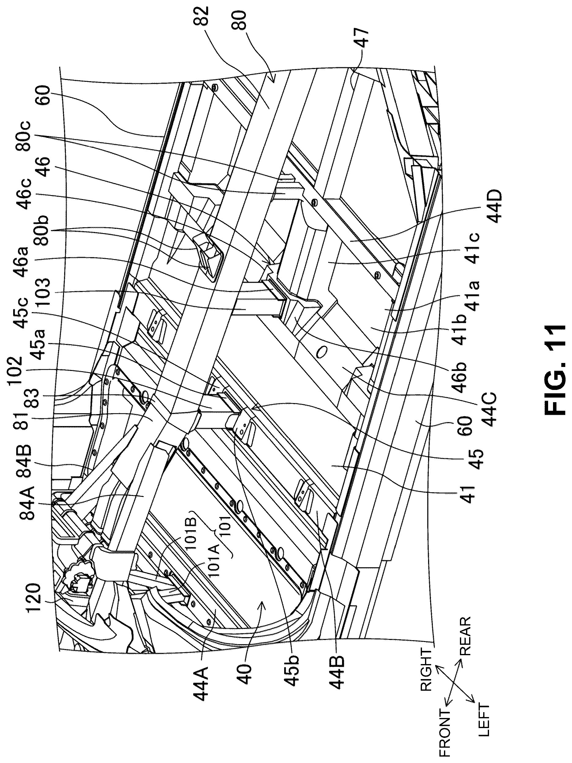 Patent US12319356 Figure 11 – Electric-vehicle-body structure having a center frame that is higher than a floor panel