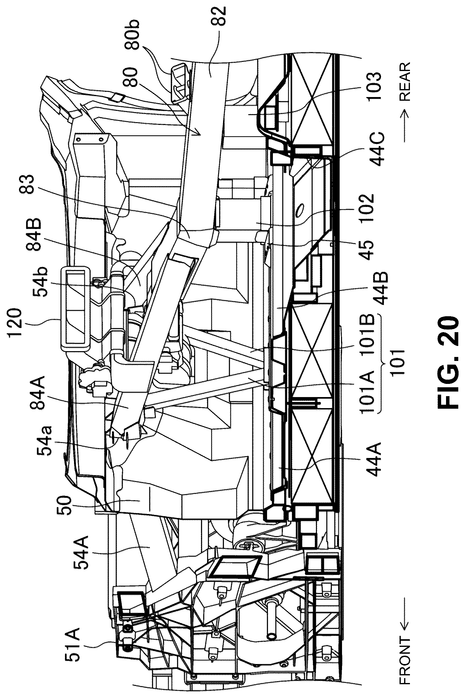 Patent US12319356 Figure 20 – Electric-vehicle-body structure having a center frame that is higher than a floor panel