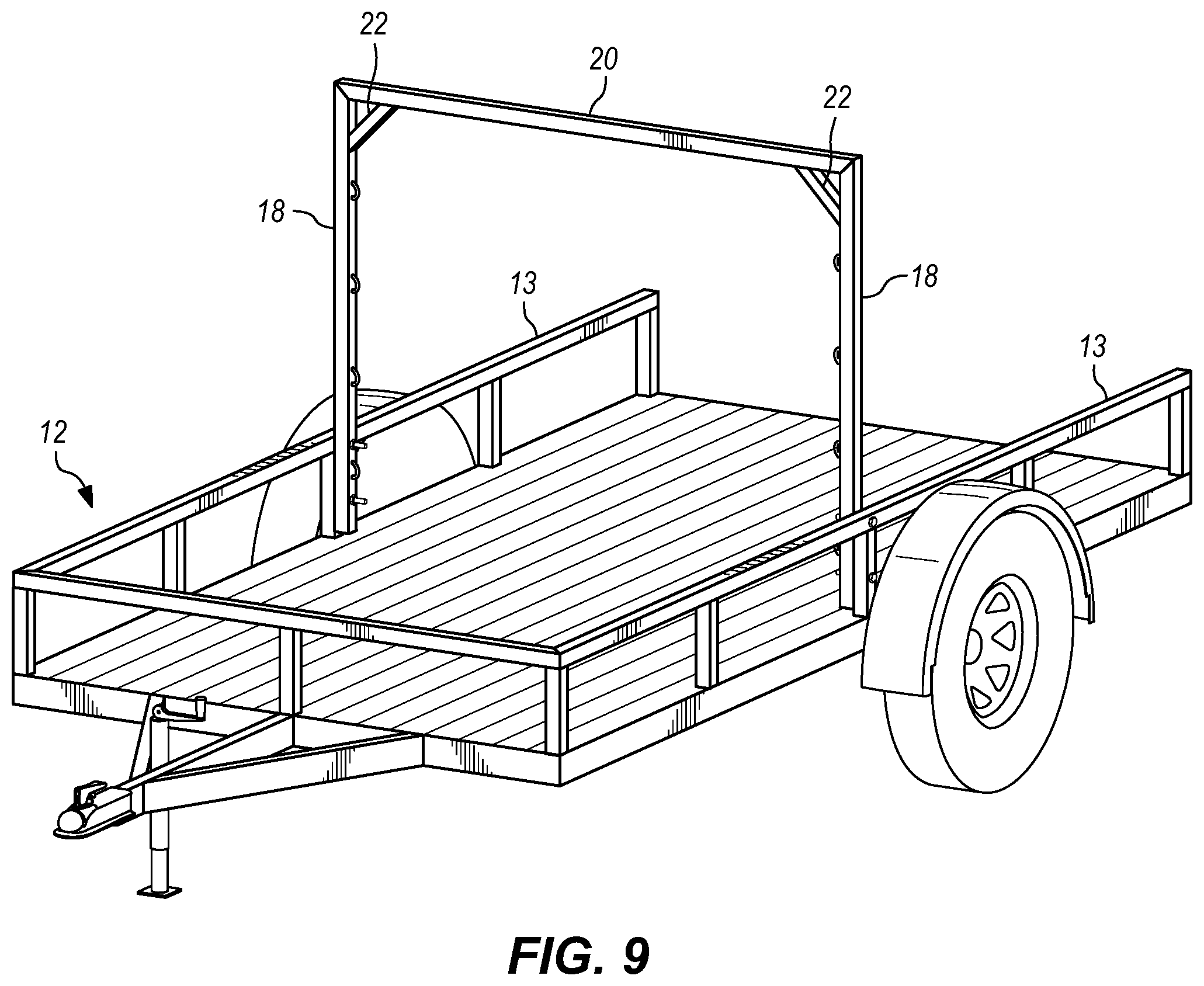 Patent US12319359 Figure 5 – Pivotable and nestable cargo rack for truck bed or trailer