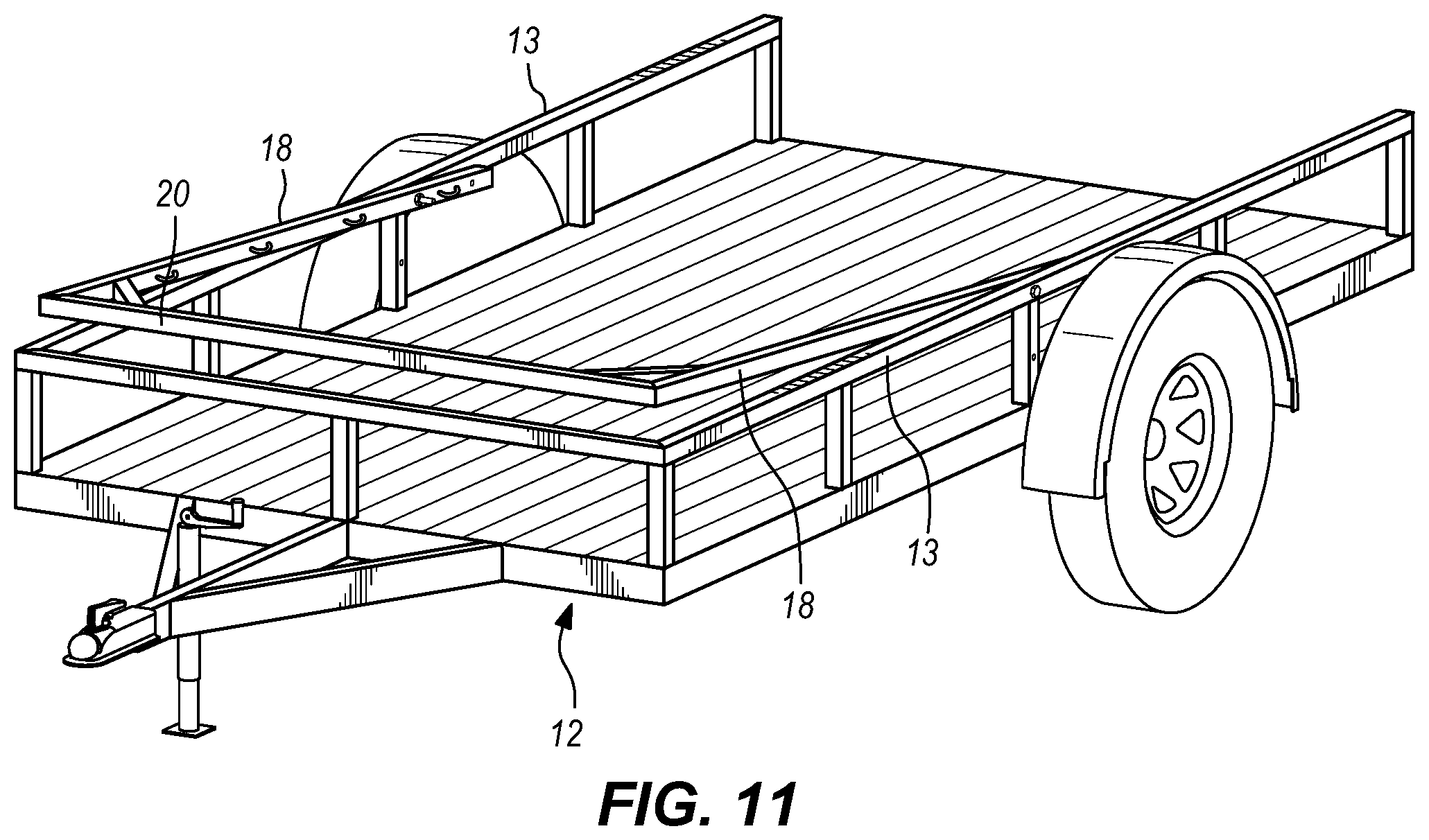 Patent US12319359 Figure 7 – Pivotable and nestable cargo rack for truck bed or trailer