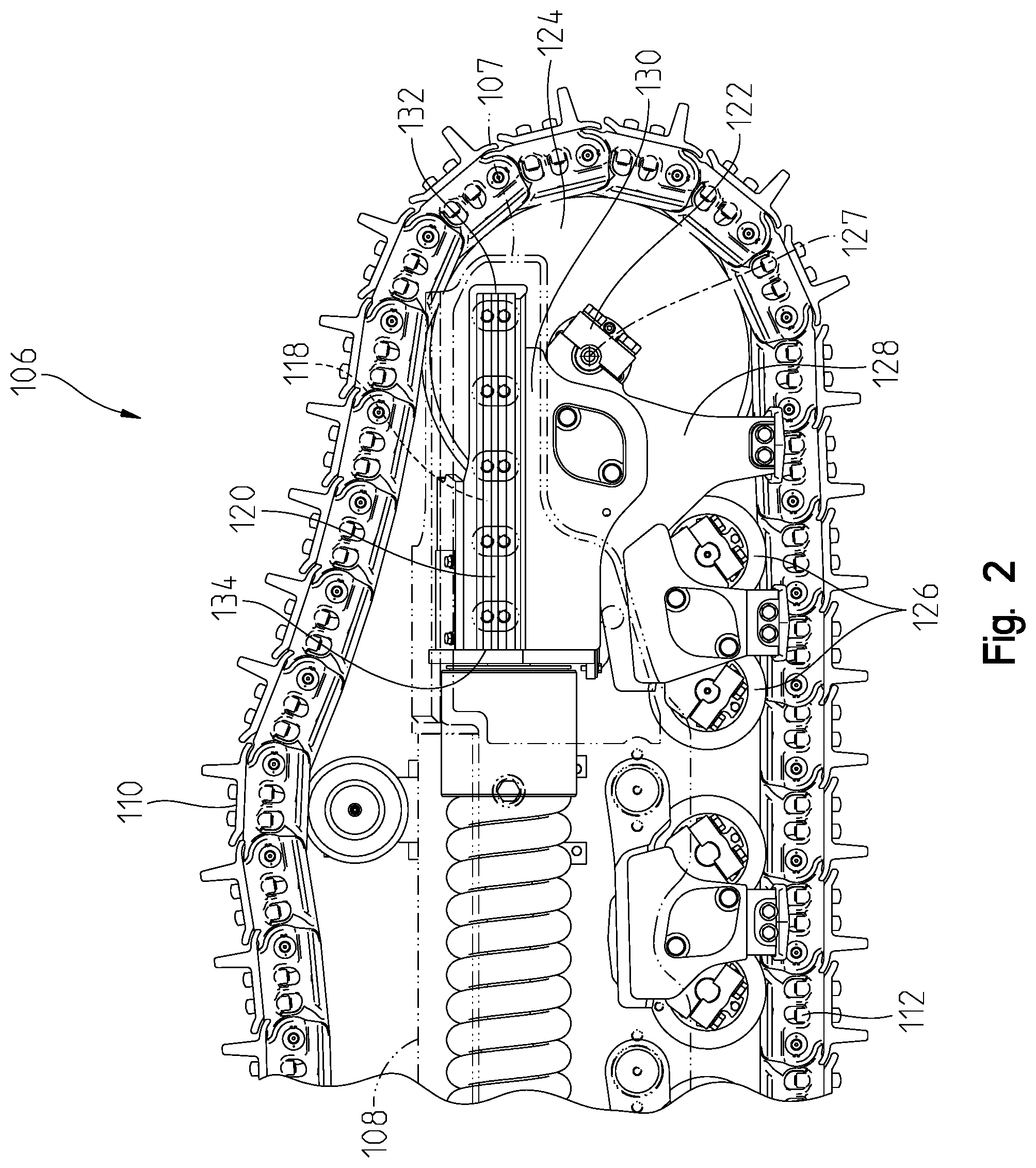 Patent US12319368 Figure 2 – Undercarriage assembly for a work machine and method of use