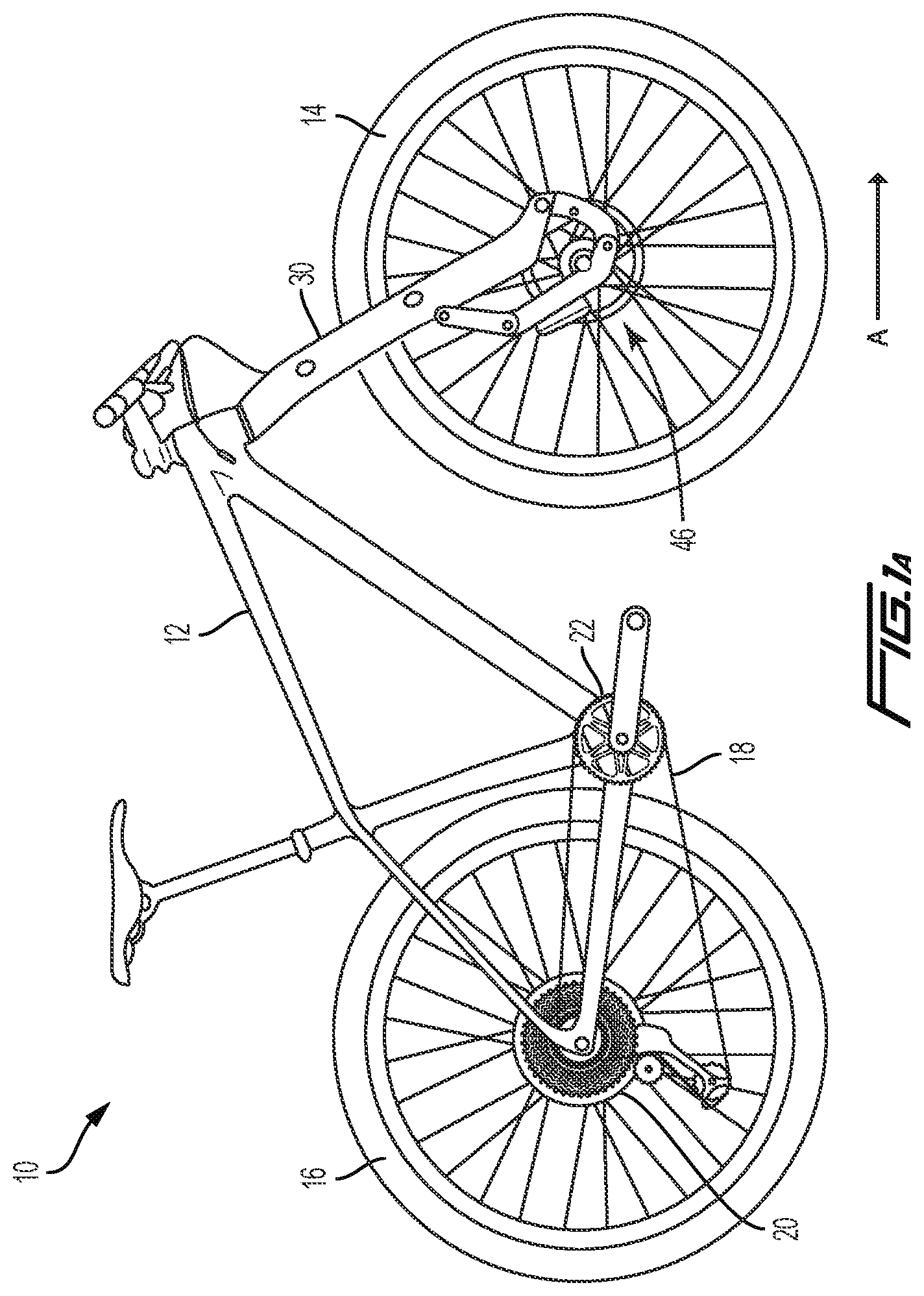 Patent US12319381 Figure 1 – Trailing link cycle wheel suspension assembly having gas pistons with unequal gas piston areas