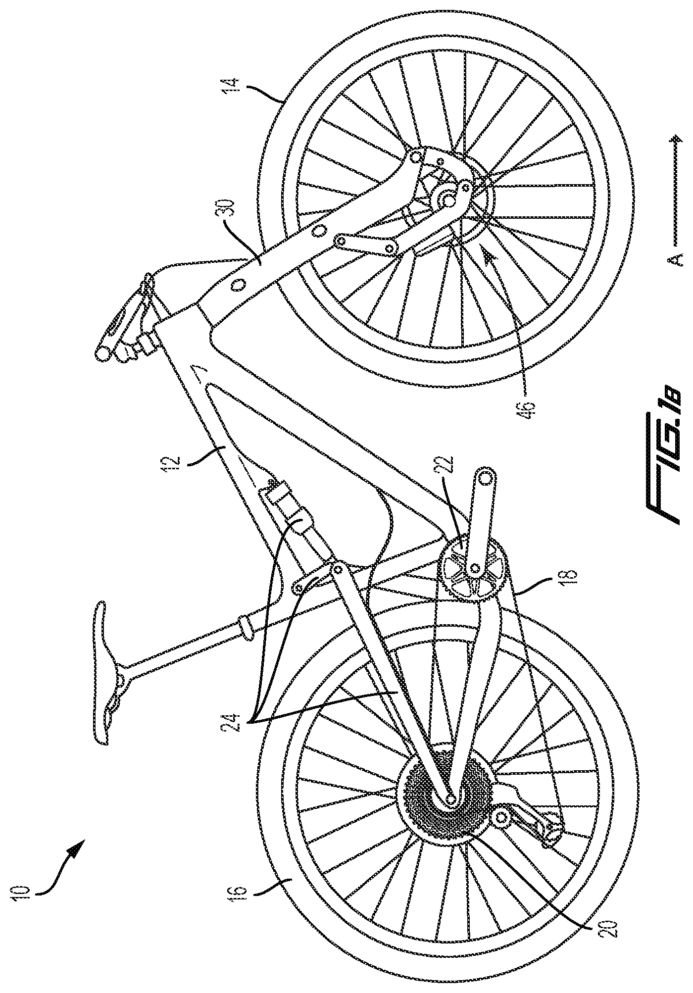 Patent US12319381 Figure 2 – Trailing link cycle wheel suspension assembly having gas pistons with unequal gas piston areas