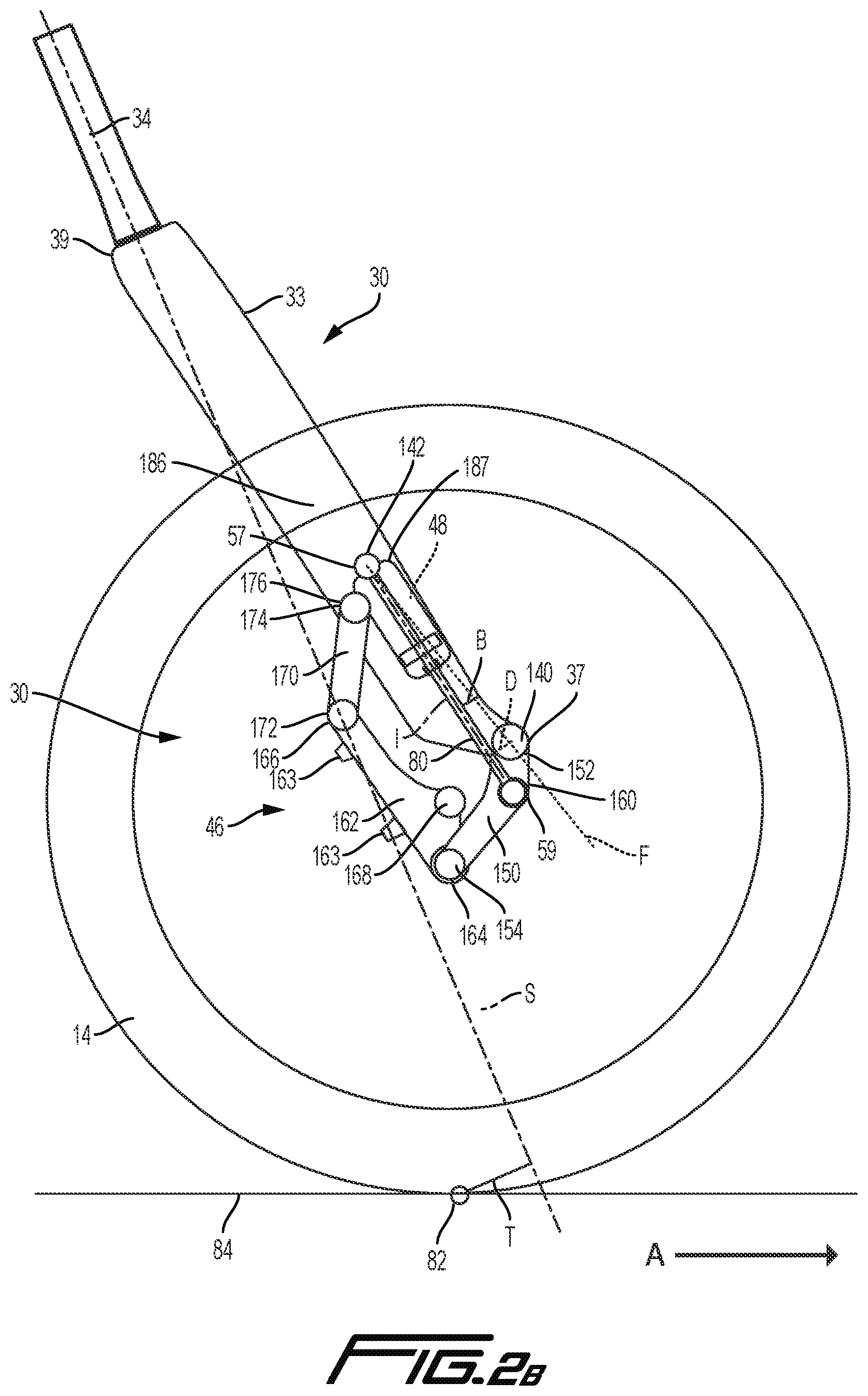 Patent US12319381 Figure 4 – Trailing link cycle wheel suspension assembly having gas pistons with unequal gas piston areas