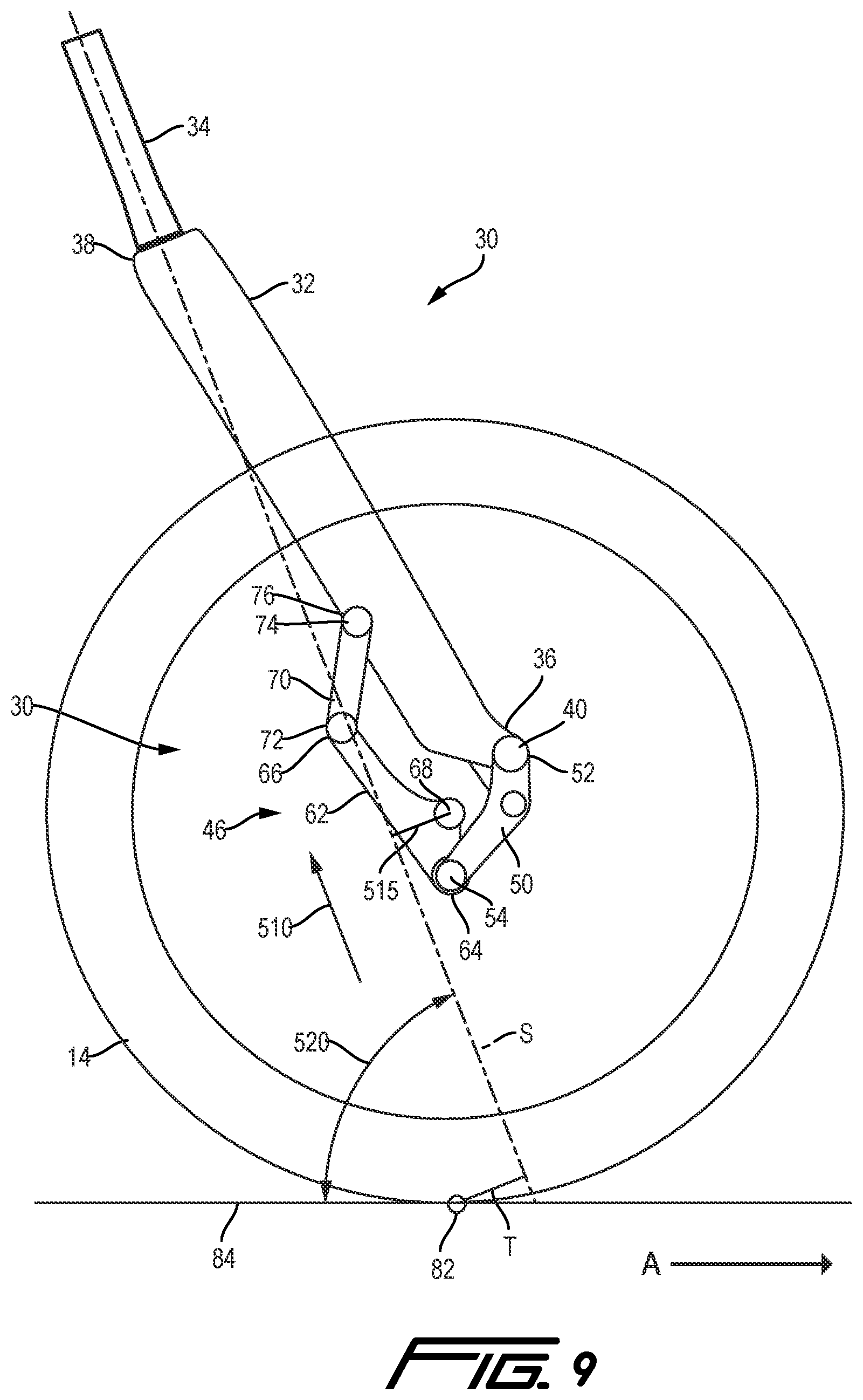 Patent US12319381 Figure 20 – Trailing link cycle wheel suspension assembly having gas pistons with unequal gas piston areas