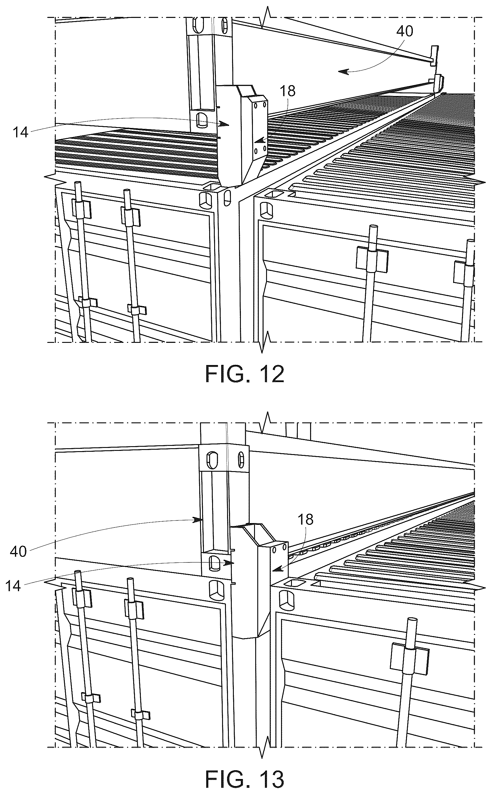 Patent US12319387 Figure 9 – Gap compression guides for shipping containers