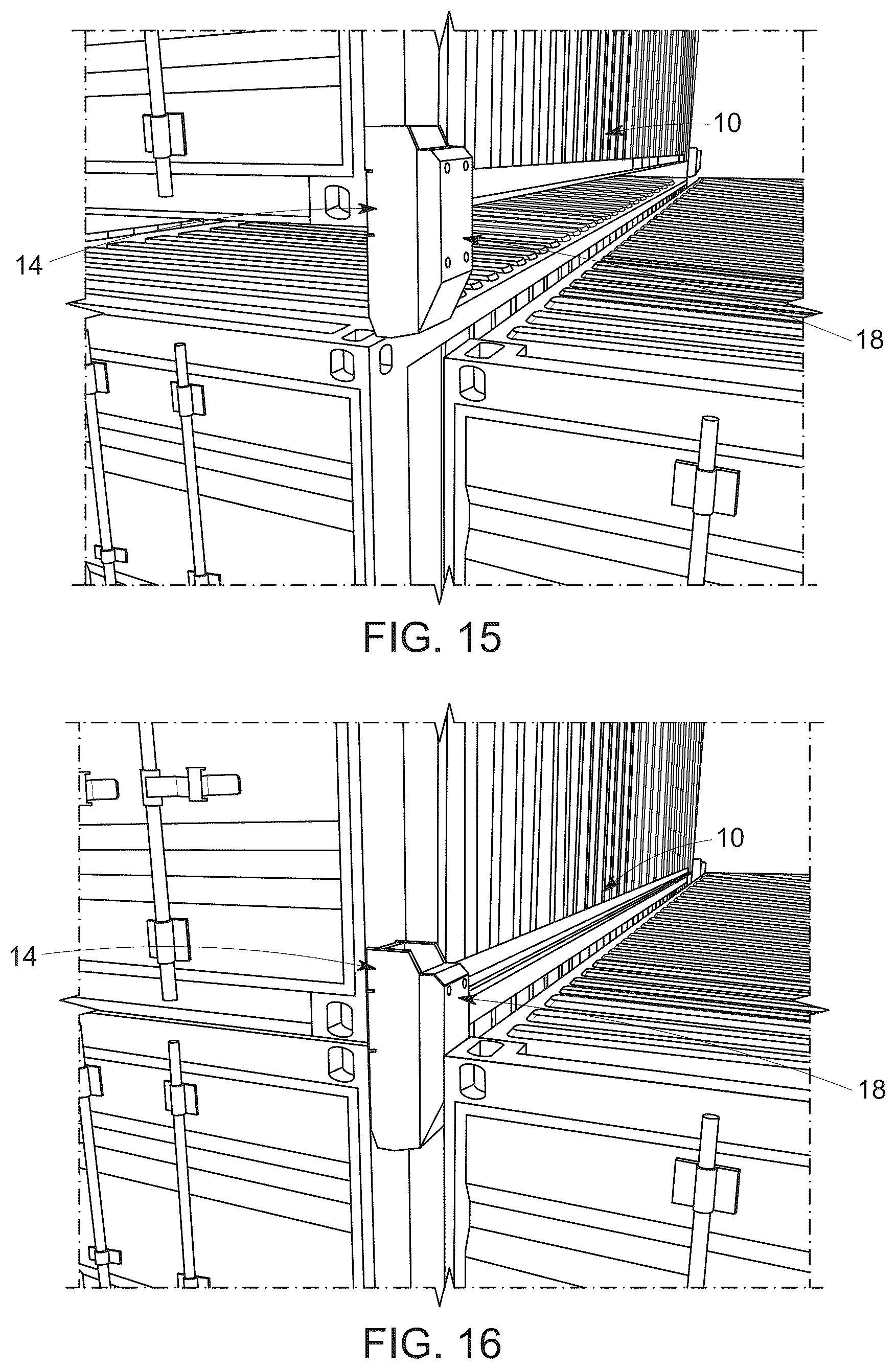 Patent US12319387 Figure 11 – Gap compression guides for shipping containers