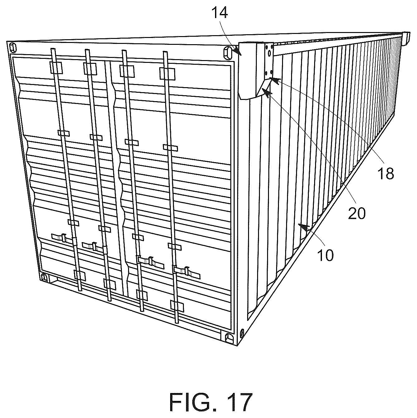 Patent US12319387 Figure 12 – Gap compression guides for shipping containers