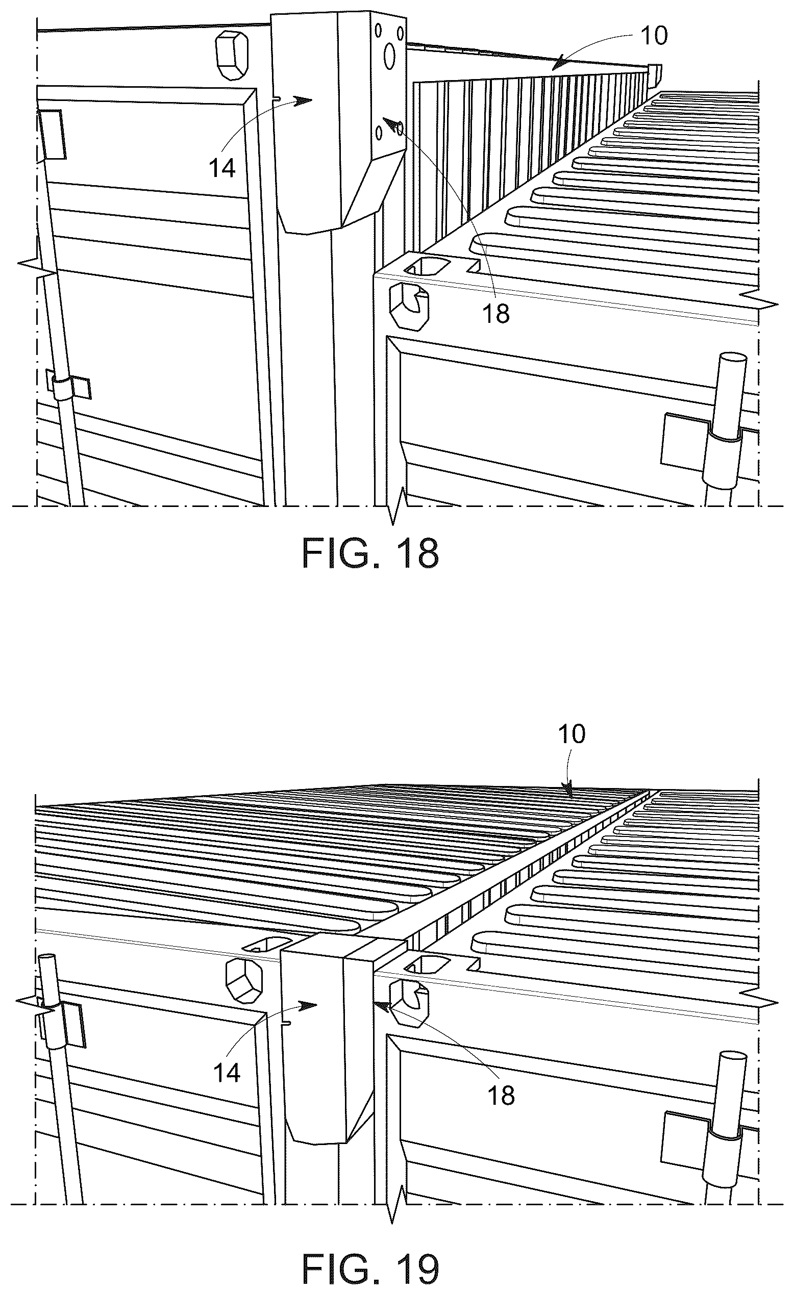 Patent US12319387 Figure 13 – Gap compression guides for shipping containers