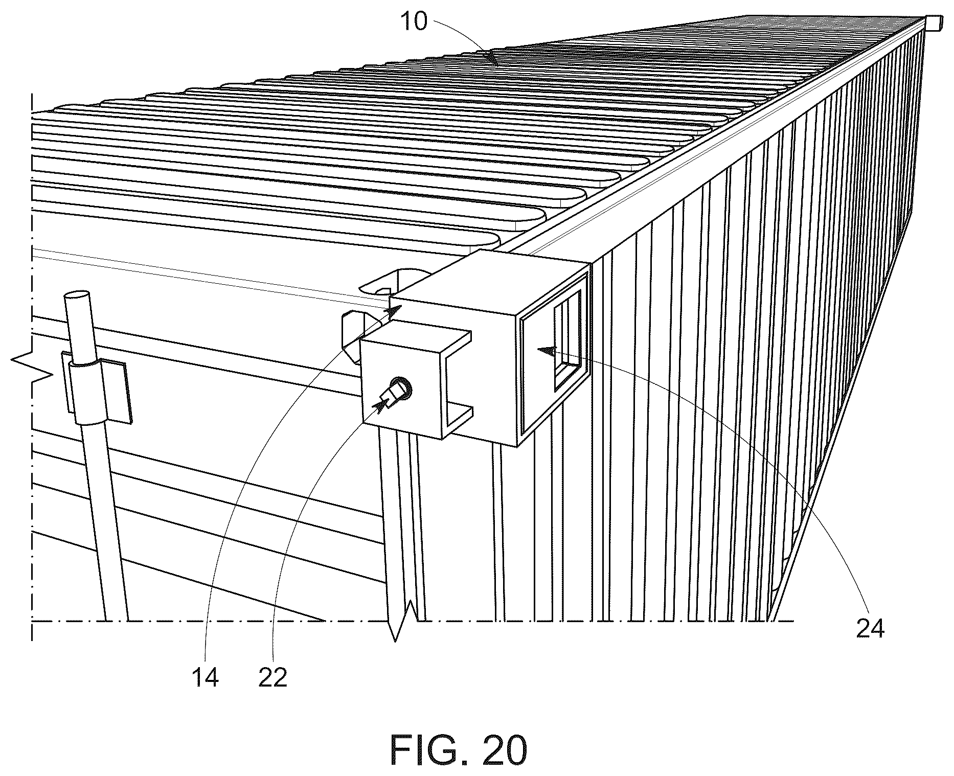 Patent US12319387 Figure 14 – Gap compression guides for shipping containers