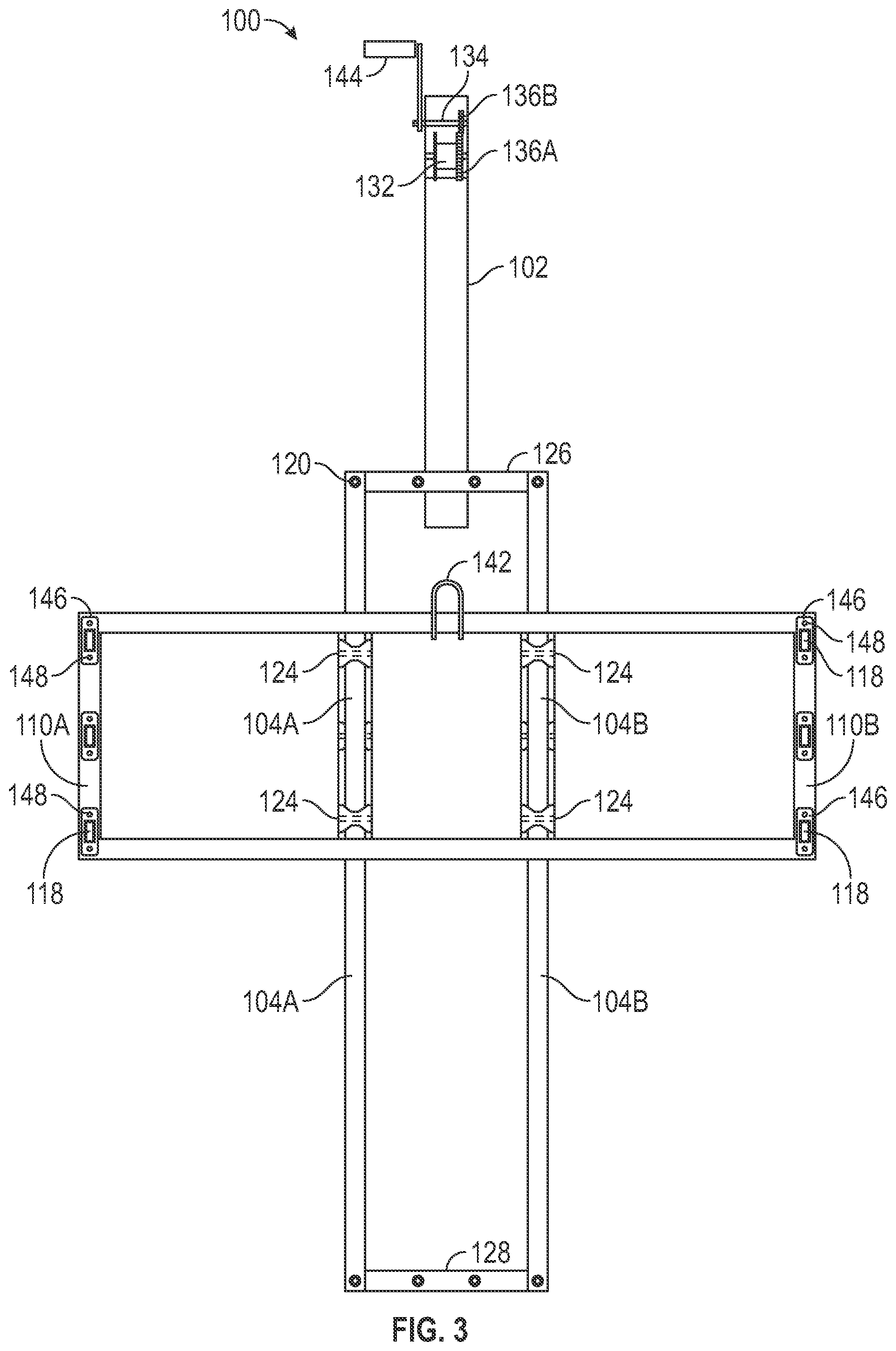 Patent US12319390 Figure 3 – Adjustable rack for recreational equipment used on lakes